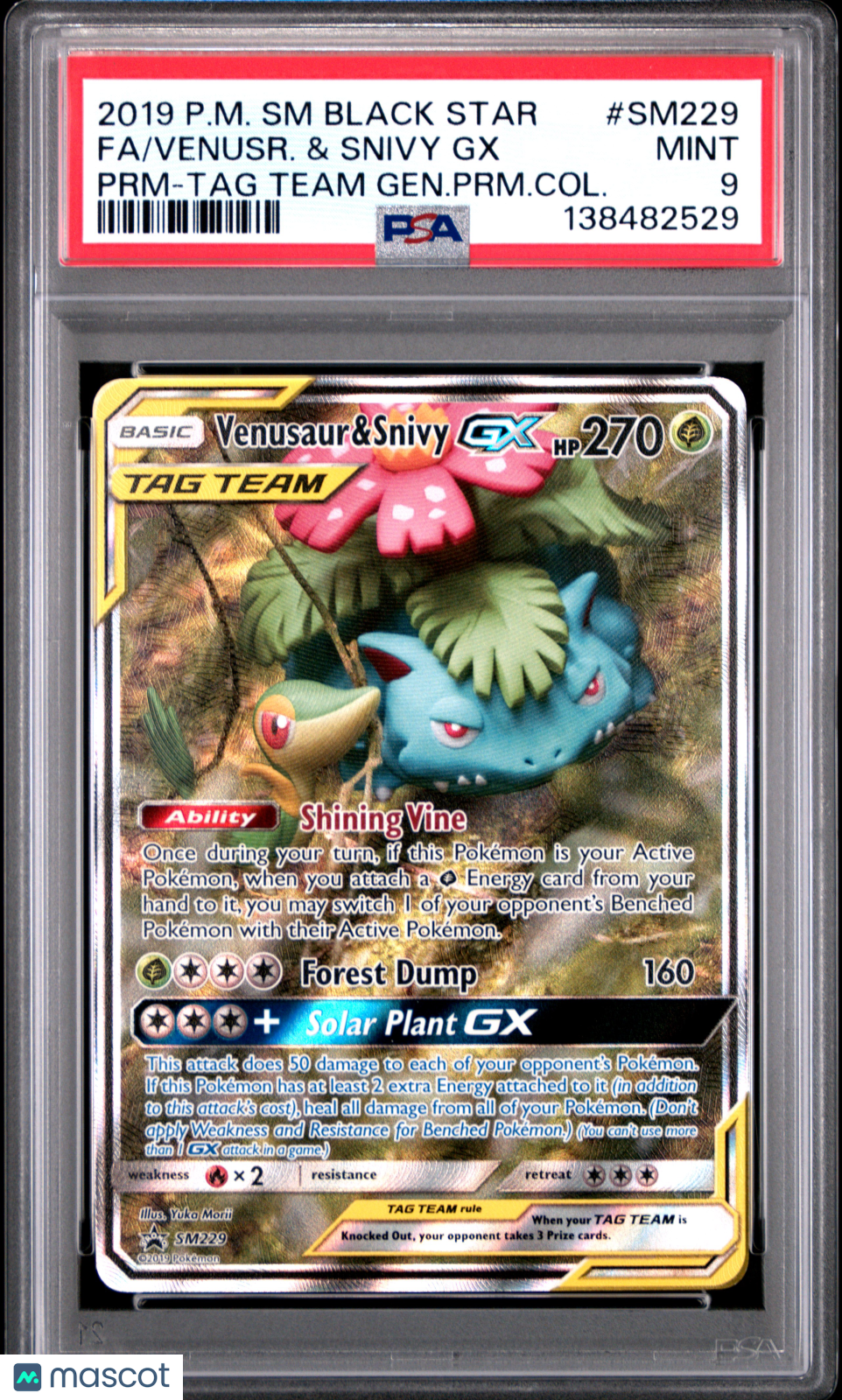2019 Pokemon SM Black Star Promo Venusr. & Snivy GX #SM229 Fa PRM-TAG Team Gen.PRM.Col. PSA 9