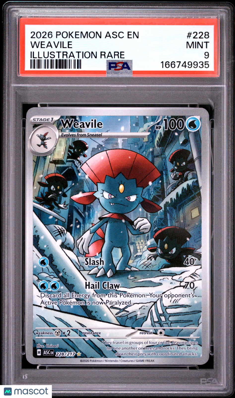 2026 Pokemon Asc EN-Ascended Heroes Weavile #228 Illustration Rare PSA 9