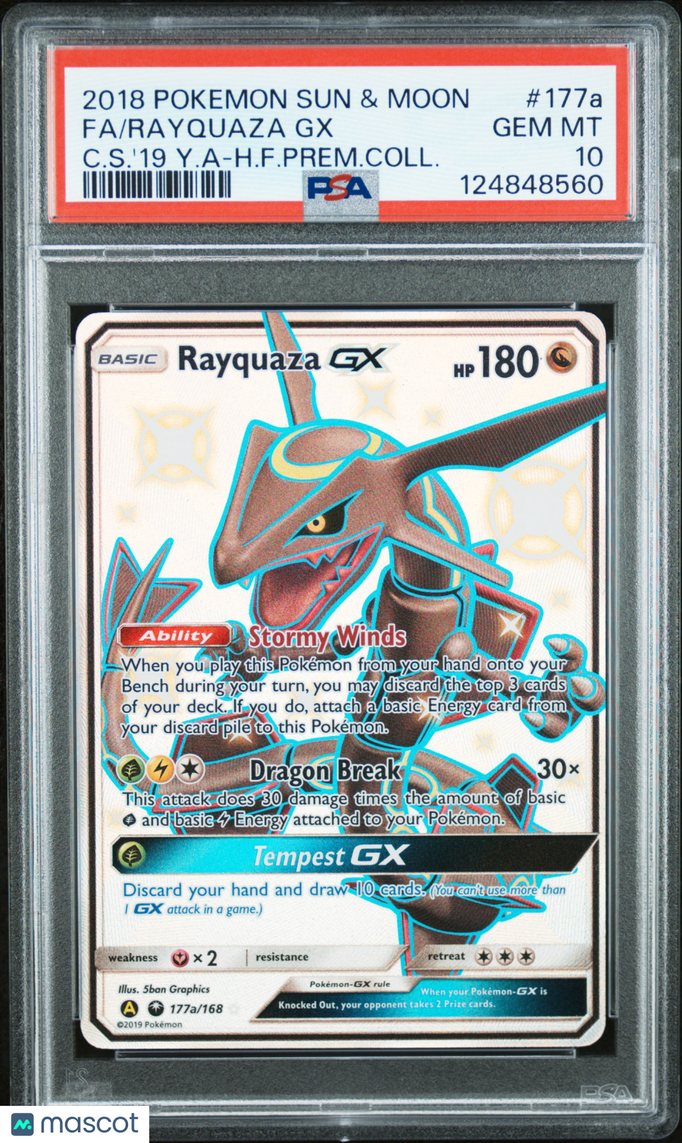 2018 Pokemon Sun & Moon Celestial Storm Rayquaza GX #177a Fa C.S.'19 Y.A-H.F.Prem.Coll. PSA 10