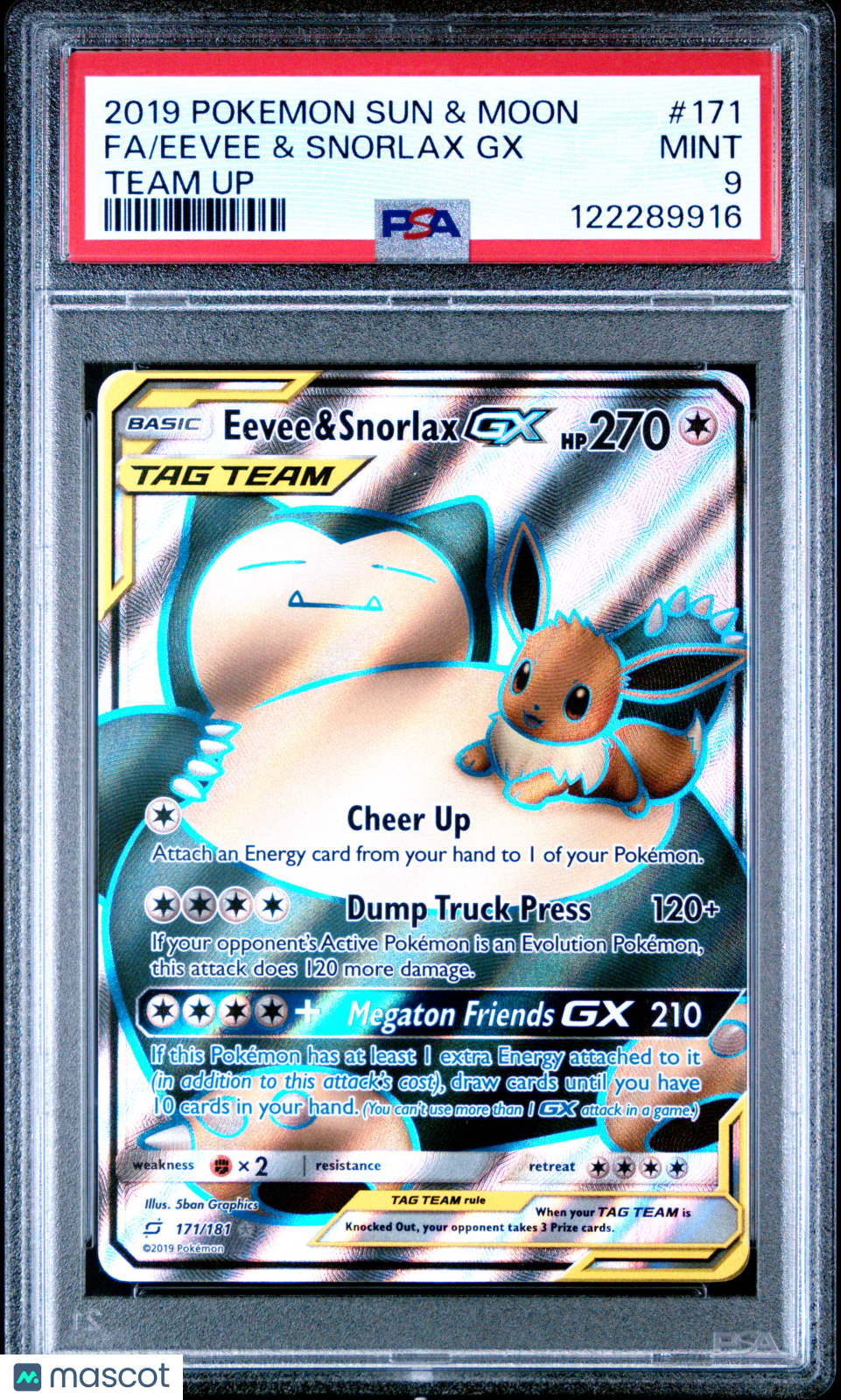 2019 Pokemon Sun & Moon Team Up Eevee & Snorlax GX #171 Fa Team Up PSA 9
