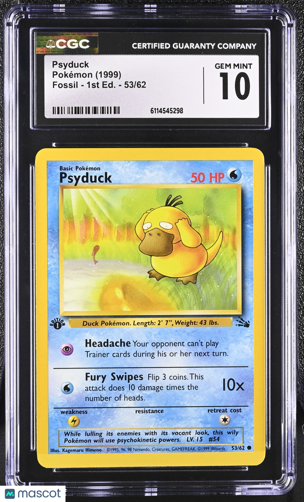 1999 Pokemon Psyduck #53/62 53/62 1st Edition CGC 10