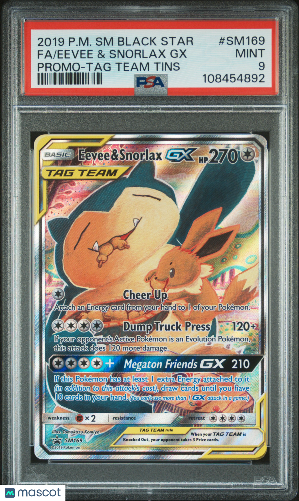 2019 Pokemon SM Black Star Promo Eevee & Snorlax GX #SM169 Fa Promo-TAG Team Tins PSA 9
