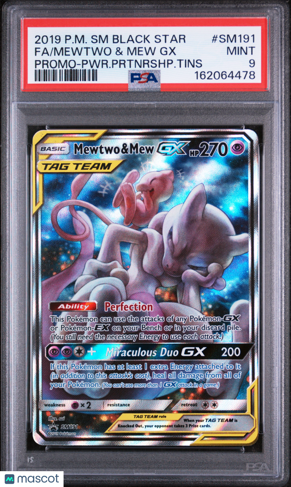 2019 Pokemon SM Black Star Promo Mewtwo & Mew GX #SM191 Promo-PWR.Prtnrshp.Tins Fa PSA 9