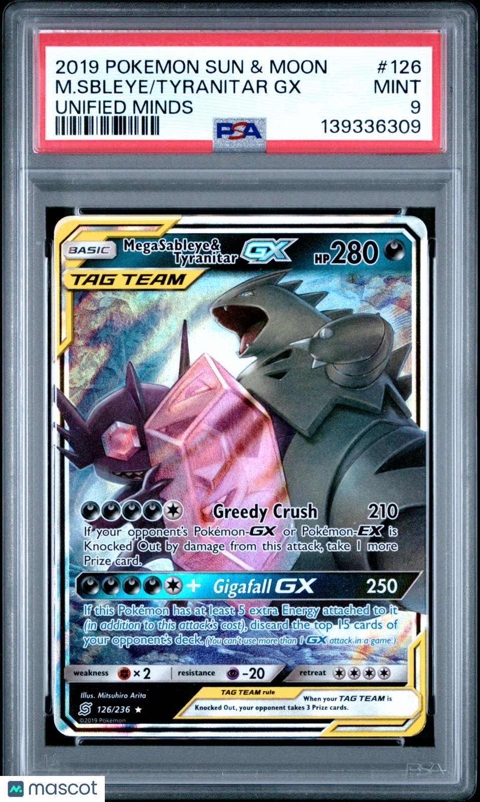 2019 Pokemon Sun & Moon Unified Minds M. Sbleye Tyranitar GX #126 Unified Minds PSA 9