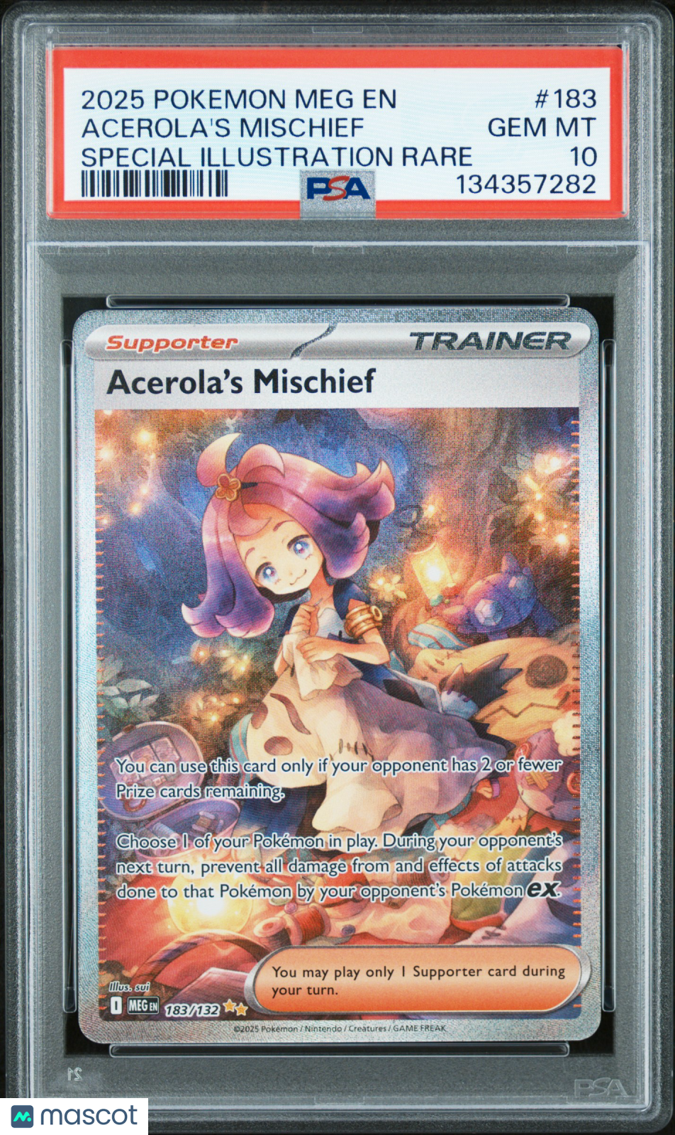 2025 Pokemon Meg EN-Mega Evolution Acerola's Mischief #183 Special Illustration Rare PSA 10
