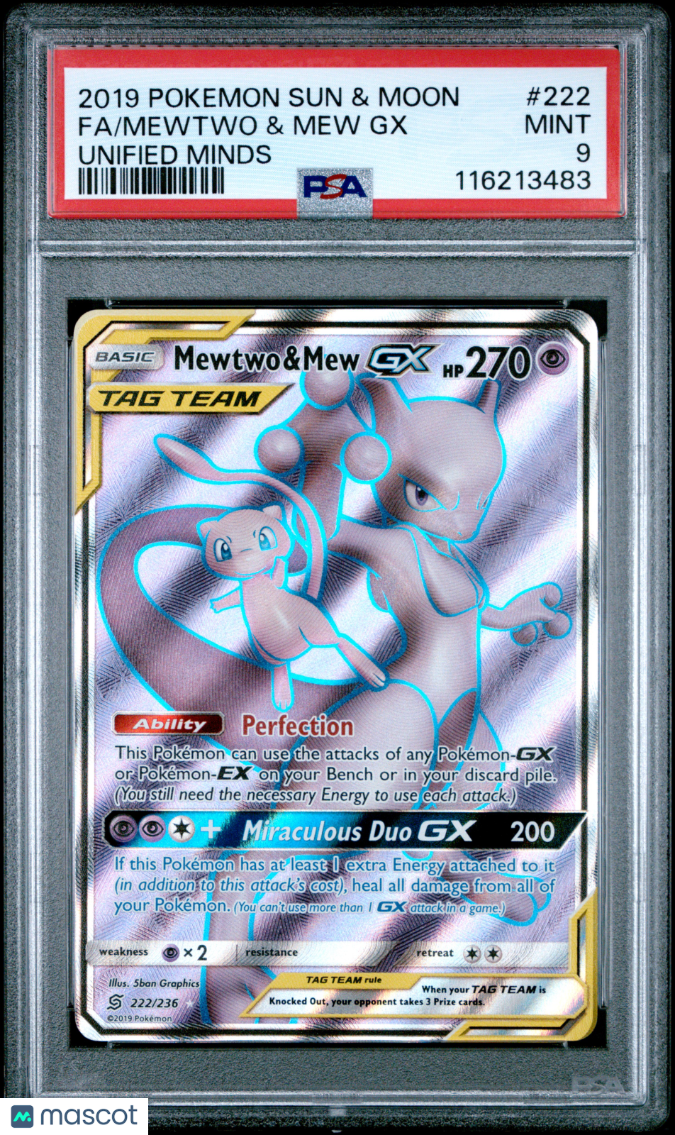 2019 Pokemon Sun & Moon Unified Minds Mewtwo & Mew GX #222 Fa Unified Minds PSA 9