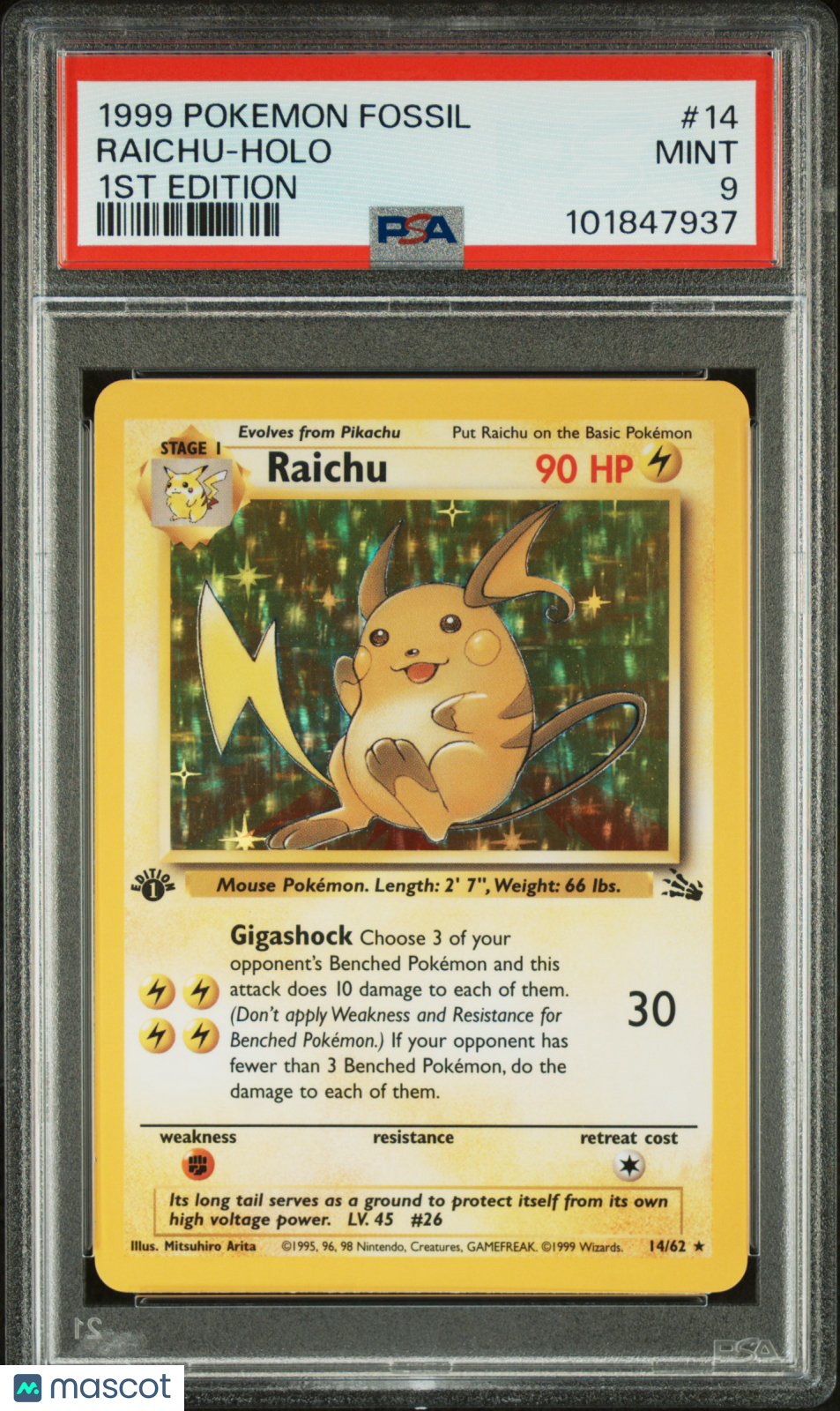 1999 Pokemon Fossil Raichu #14 1st Edition PSA 9