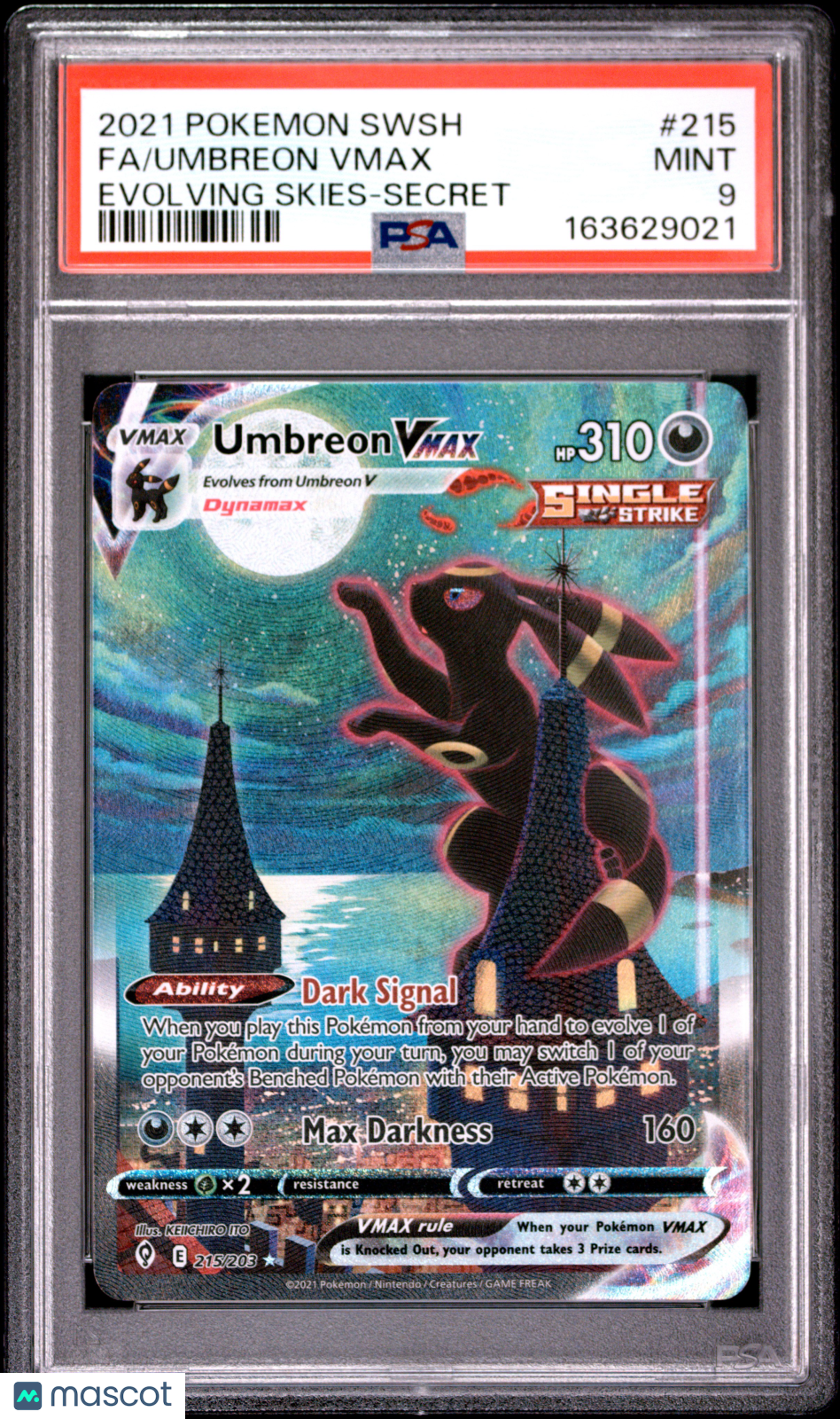 2021 Pokemon Sword & Shield Evolving Skies Umbreon VMAX #215 Fa Evolving Skies-Secret PSA 9