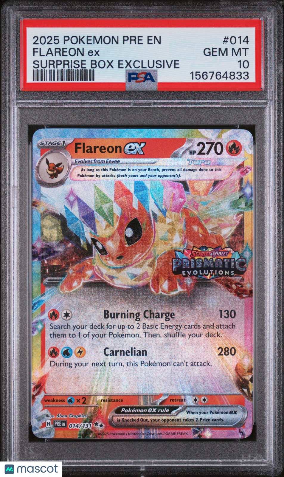 2025 Pokemon Pre EN-Prismatic Evolutions Flareon EX #014 Surprise Box Exclusive PSA 10