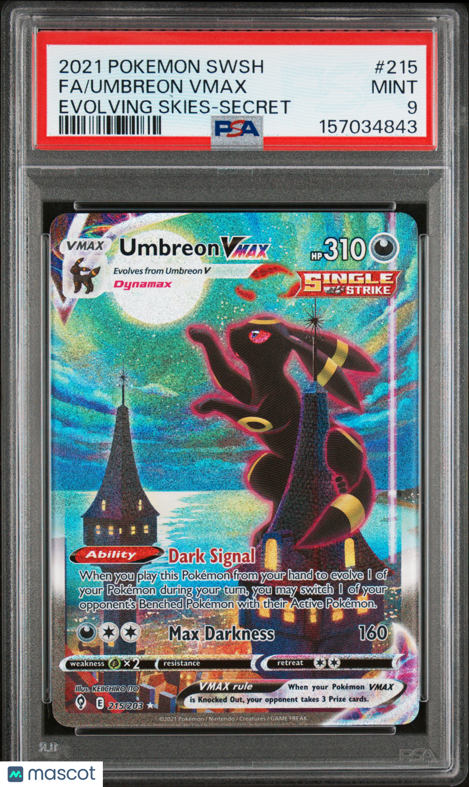 2021 Pokemon Sword & Shield Evolving Skies Umbreon VMAX #215 Fa Evolving Skies-Secret PSA 9