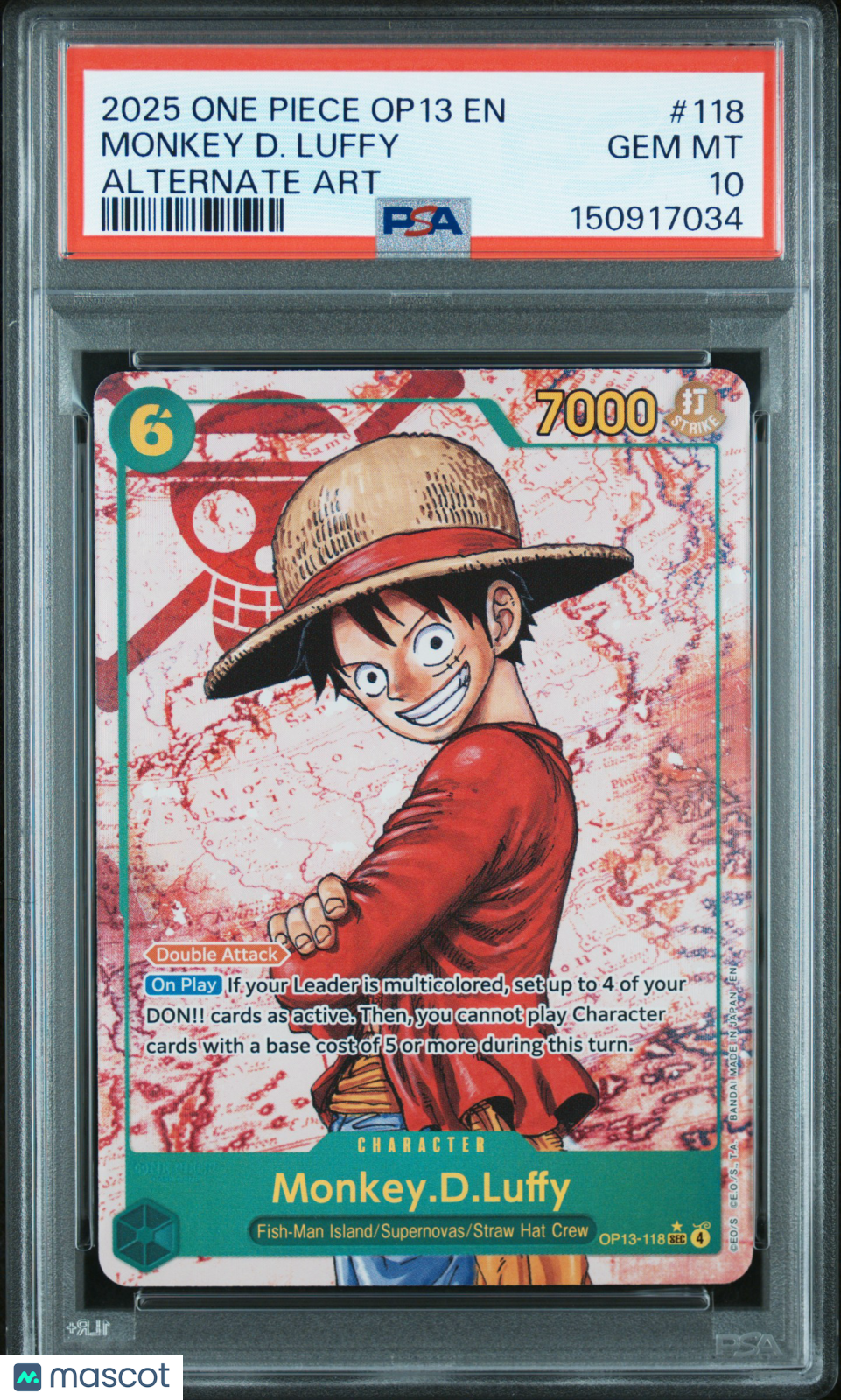 2025 One Piece Op13-Carrying On His Will Monkey D. Luffy #118 Alternate Art PSA 10
