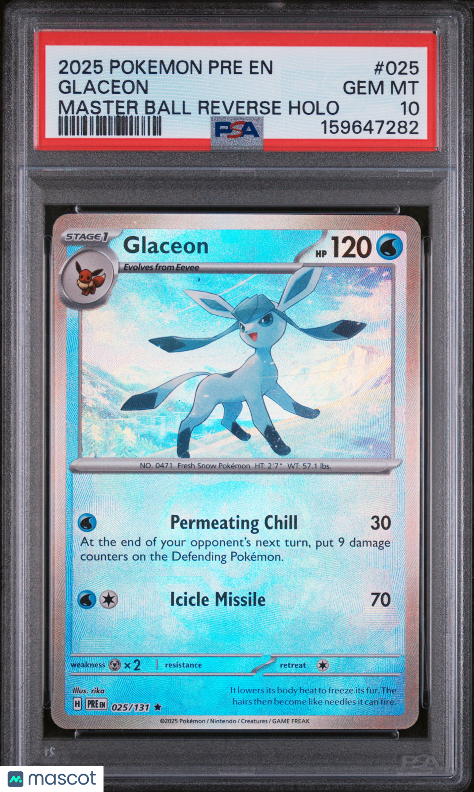 2025 Pokemon Pre EN-Prismatic Evolutions Glaceon #025 Master Ball Reverse Holo PSA 10