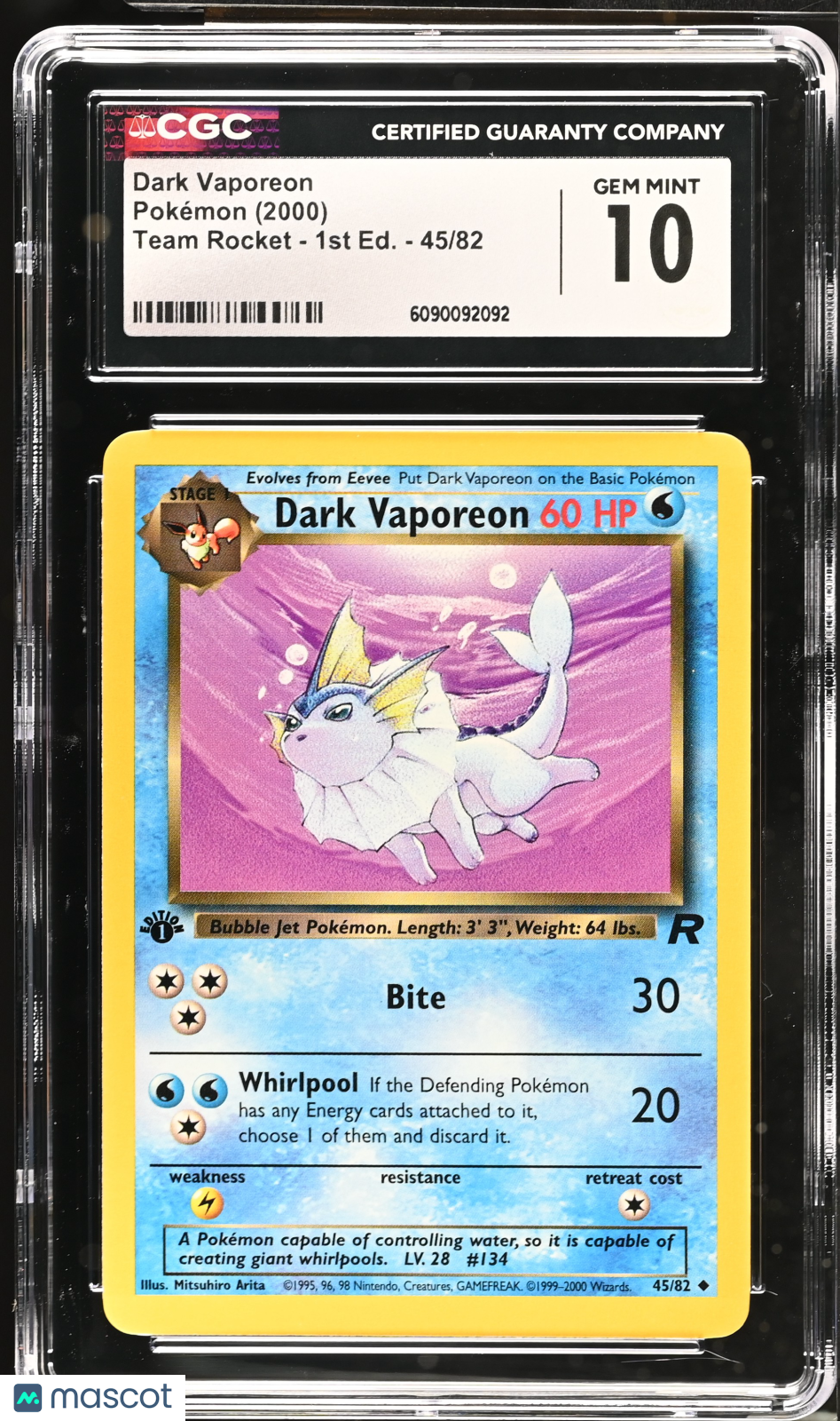 2000 Pokemon Dark Vaporeon #45/82 1st Edition CGC 10