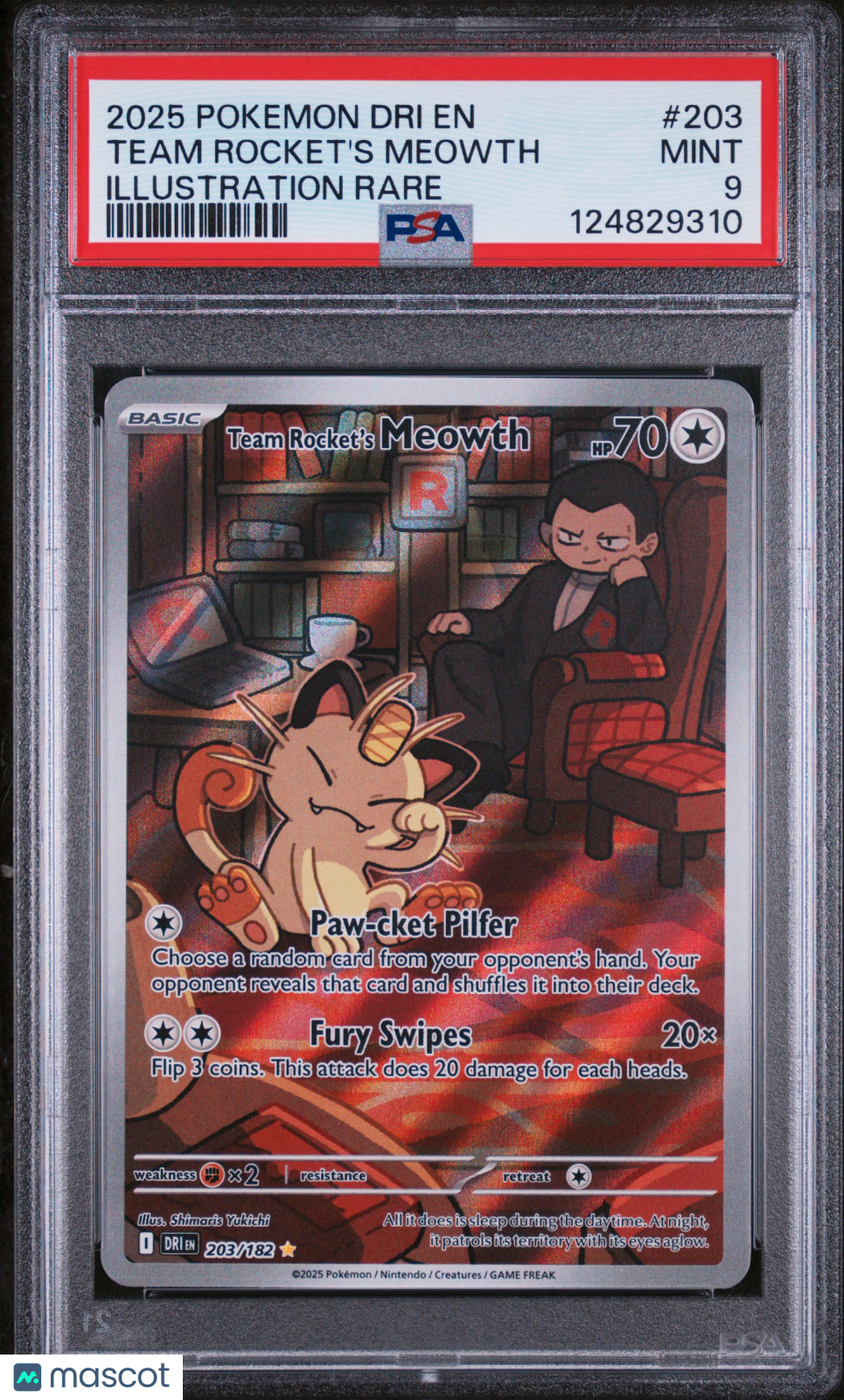 2025 Pokemon Dri EN-Destined Rivals Team Rocket's Meowth #203 Illustration Rare PSA 9