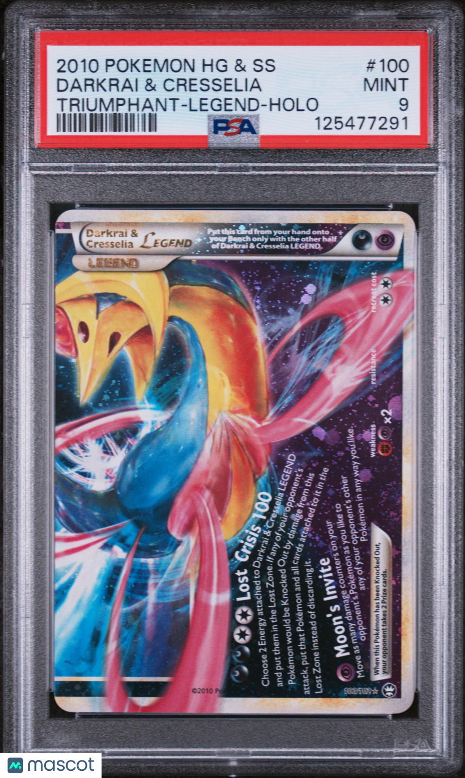2010 Pokemon Heartgold & Soulsilver Triumphant Darkrai & Cresselia #100 Triumphant-Legend-Holo PSA 9