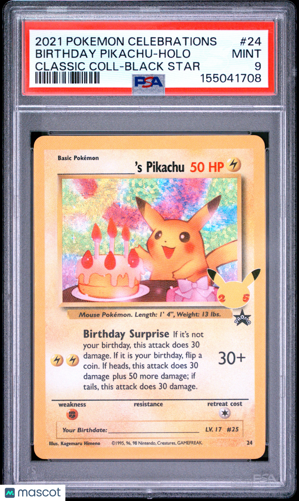 2021 Pokemon Celebrations Classic Collection Birthday Pikachu #24 Classic Coll-Black Star PSA 9