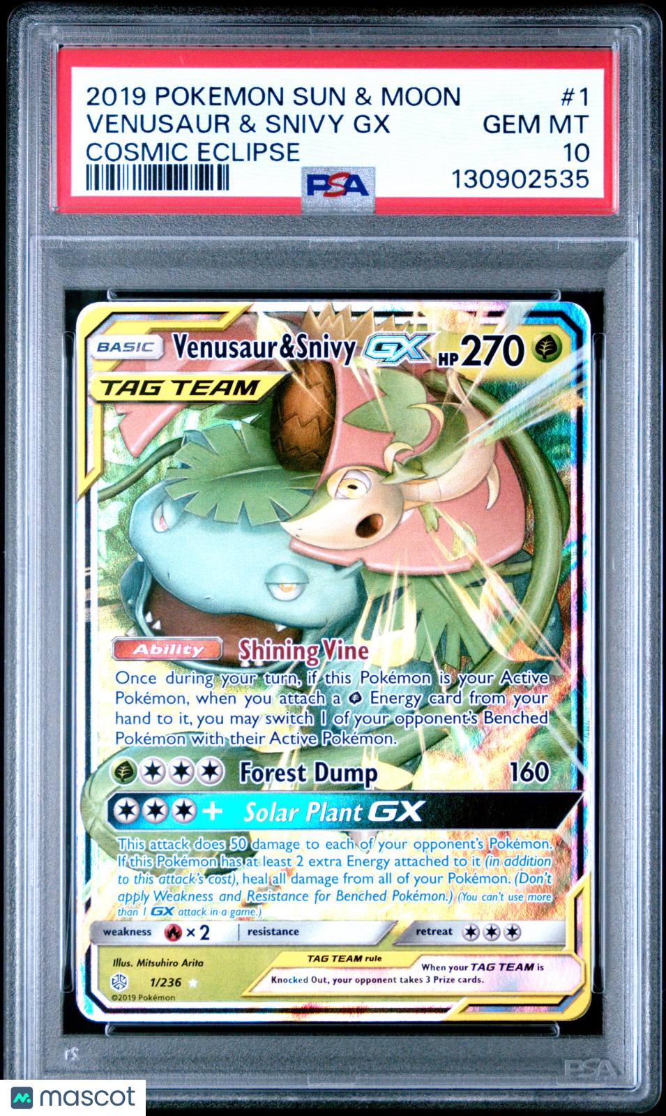2019 Pokemon Sun & Moon Cosmic Eclipse Venusaur & Snivy GX #1 Cosmic Eclipse PSA 10
