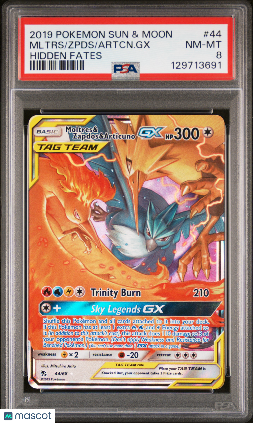 2019 Pokemon Sun & Moon Hidden Fates Artcn. GX Zpds Mltrs #44 Hidden Fates PSA 8