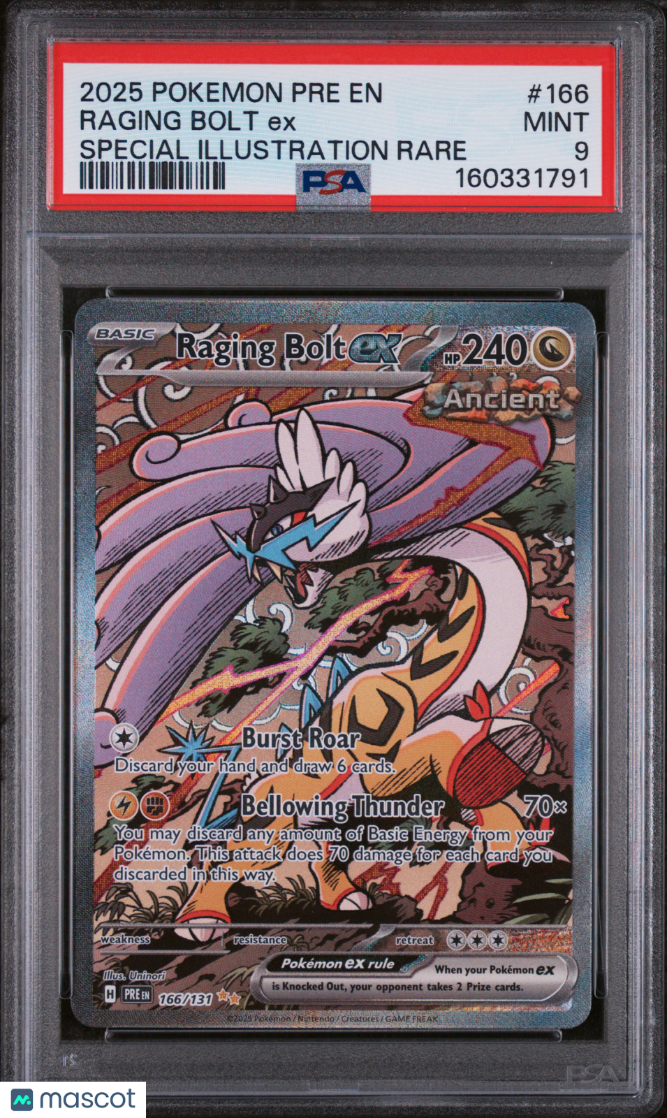2025 Pokemon Pre EN-Prismatic Evolutions Raging Bolt EX #166 Special Illustration Rare PSA 9