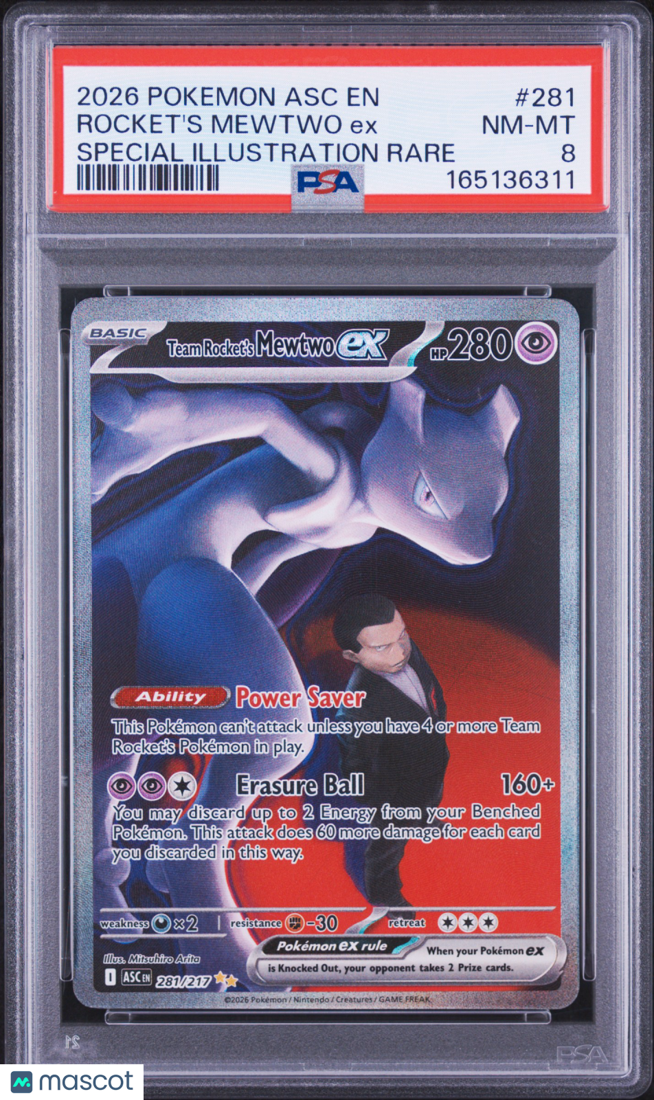 2026 Pokemon Asc EN-Ascended Heroes Rocket's Mewtwo EX #281 Special Illustration Rare PSA 8