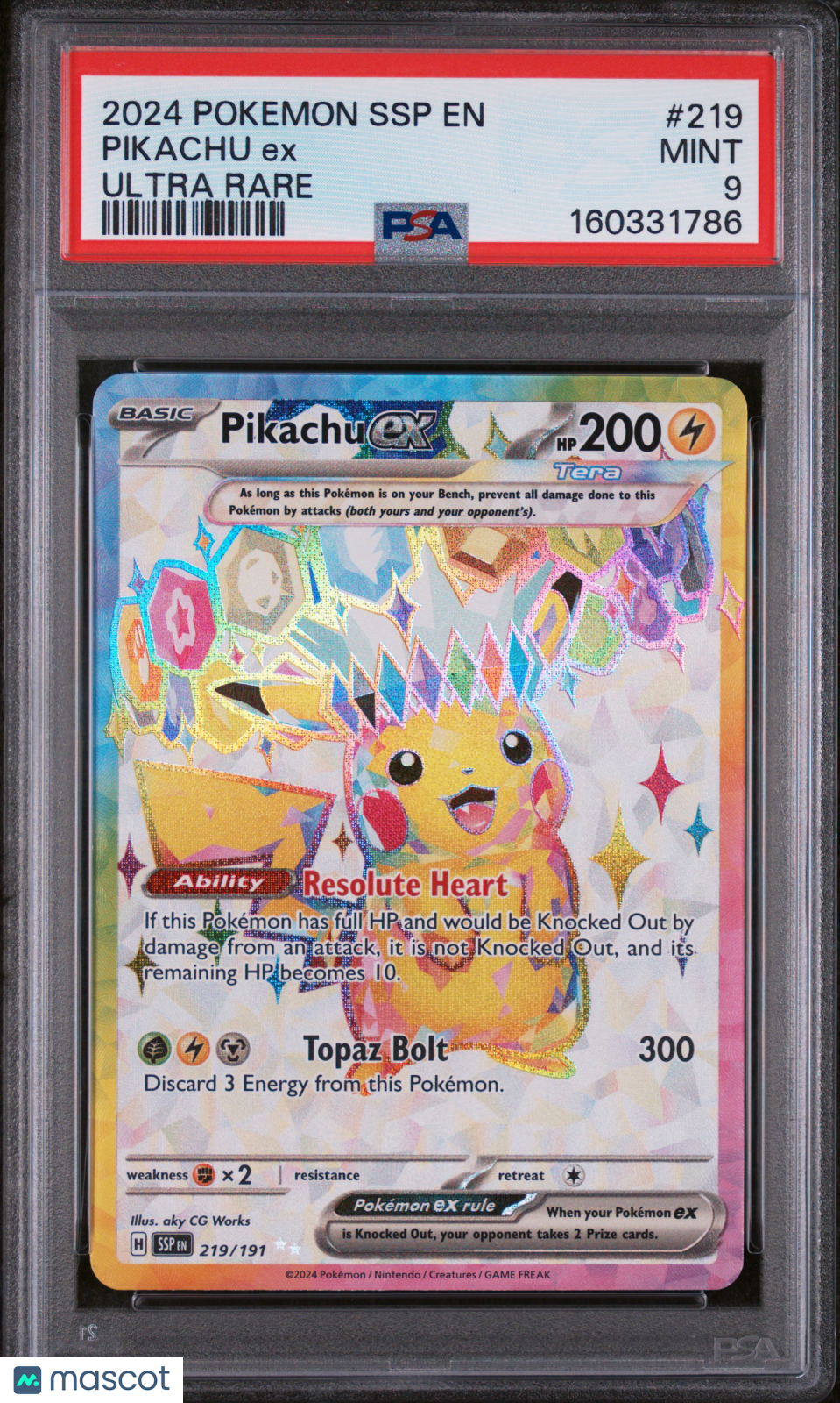 2024 Pokemon SSP EN-Surging Sparks Pikachu EX #219 Ultra Rare PSA 9
