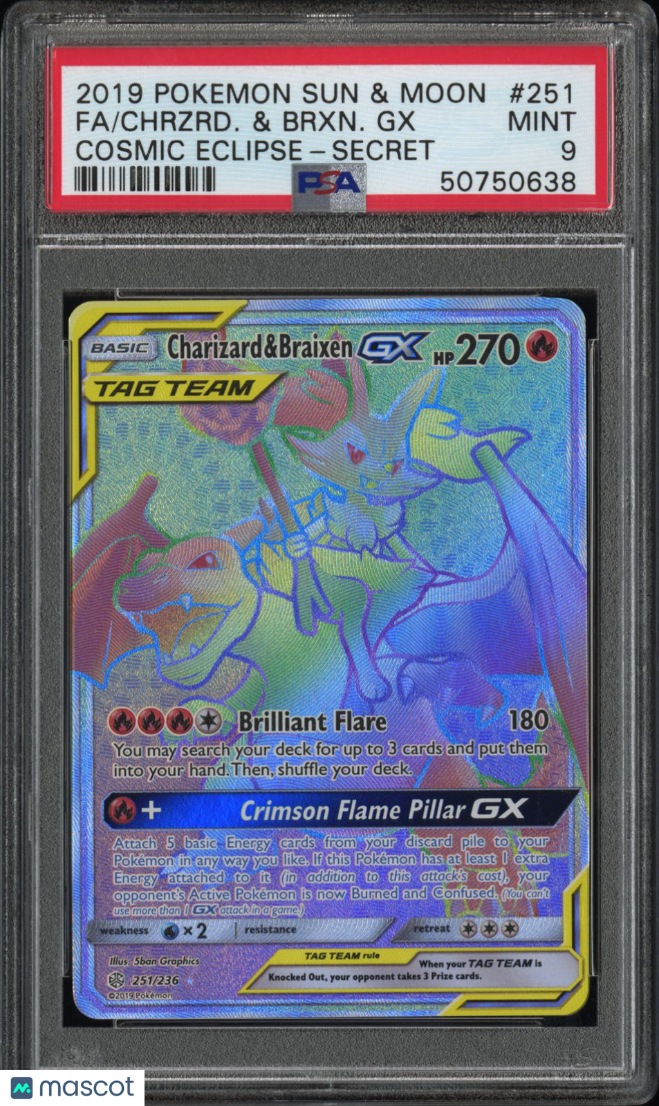 2019 Pokemon Sun & Moon Cosmic Eclipse Braixen GX Charizard #251 Cosmic Eclipse-Secret-Fa PSA 9