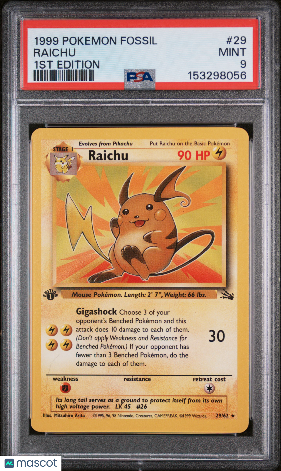 1999 Pokemon Fossil Raichu #29 1st Edition PSA 9