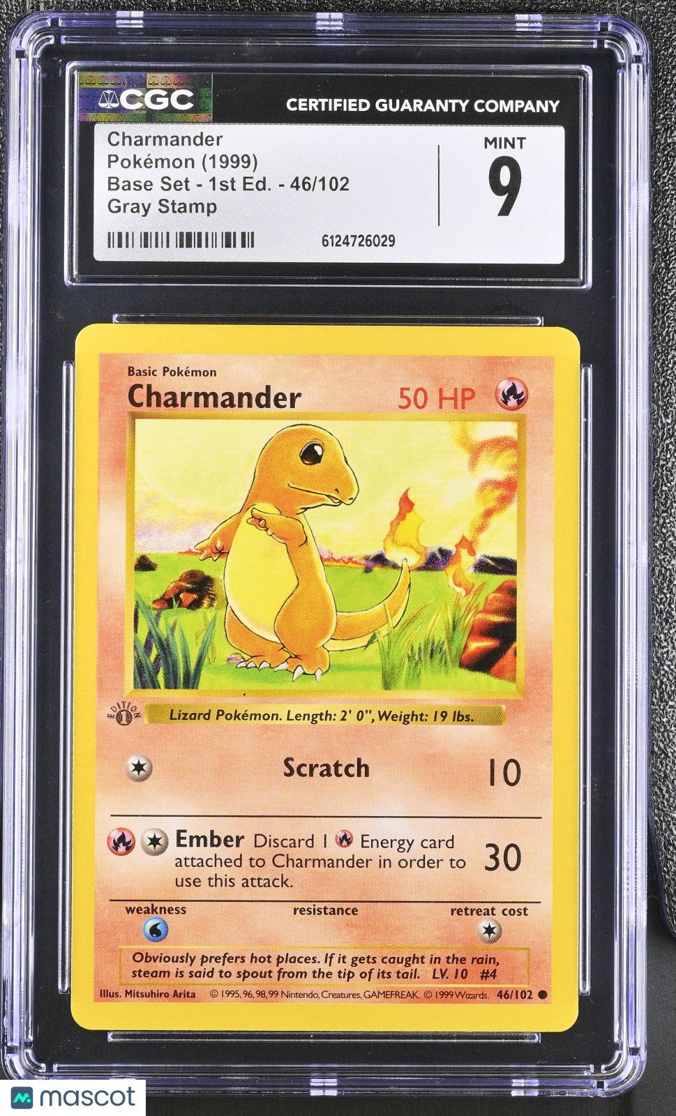 1999 Pokemon Base Set Charmander Gray Stamp Error 46/102 1st Edition CGC 9