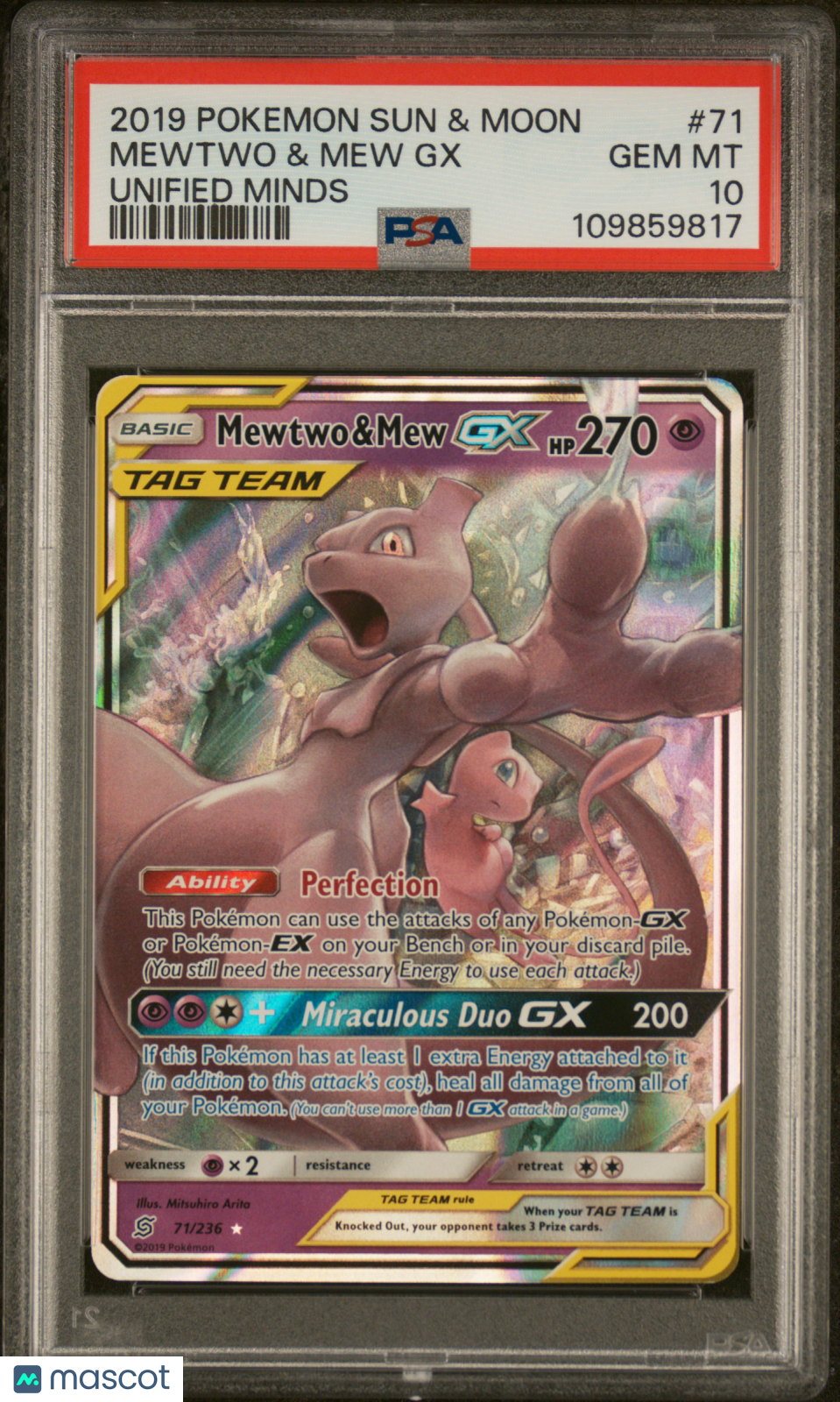 2019 Pokemon Sun & Moon Unified Minds Mewtwo & Mew GX #71 Unified Minds PSA 10