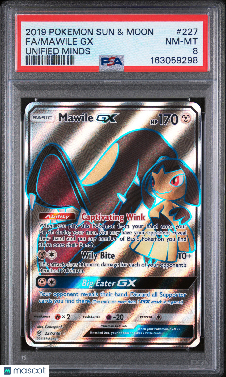 2019 Pokemon Sun & Moon Unified Minds Mawile GX #227 Fa Unified Minds PSA 8