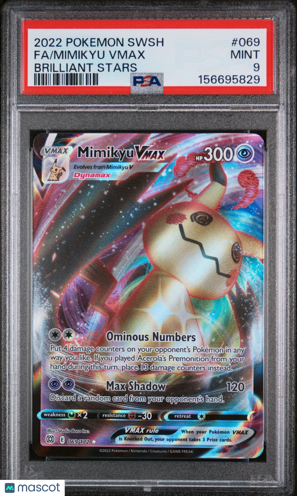2022 Pokemon Sword & Shield Brilliant Stars Mimikyu VMAX #069 Fa Brilliant Stars PSA 9