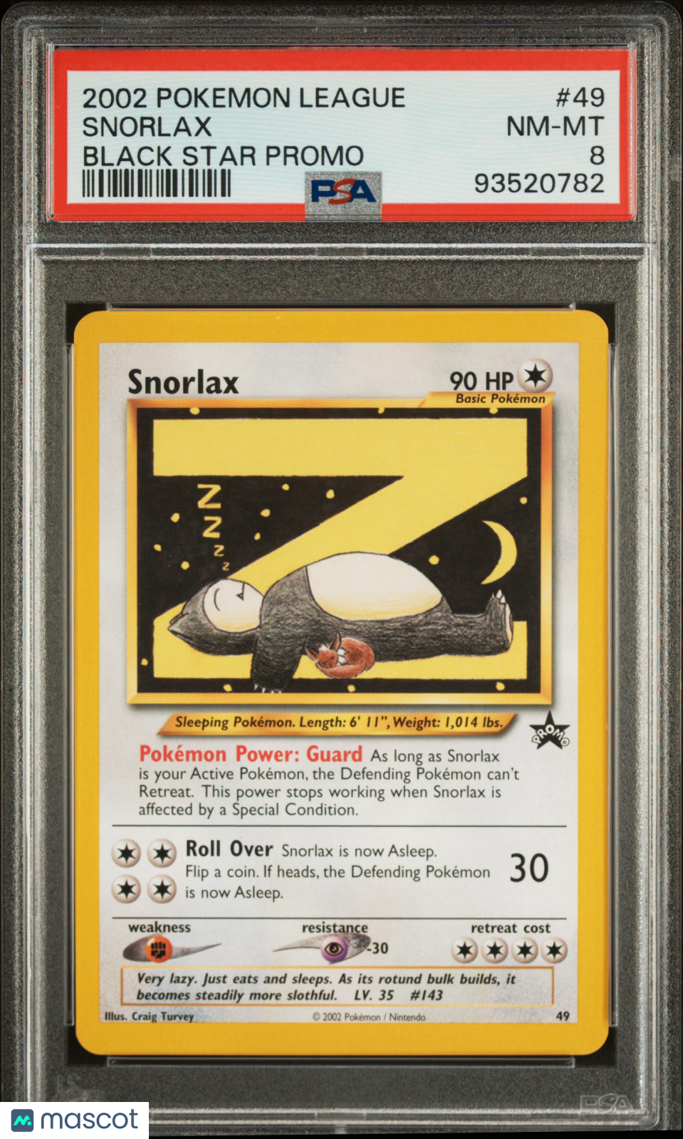 2002 Pokemon League Promo Black Star Snorlax #49 Black Star Promo PSA 8