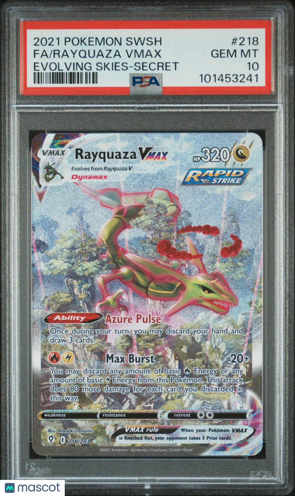 2021 Pokemon Sword & Shield Evolving Skies Rayquaza VMAX #218 Fa Evolving Skies-Secret PSA 10