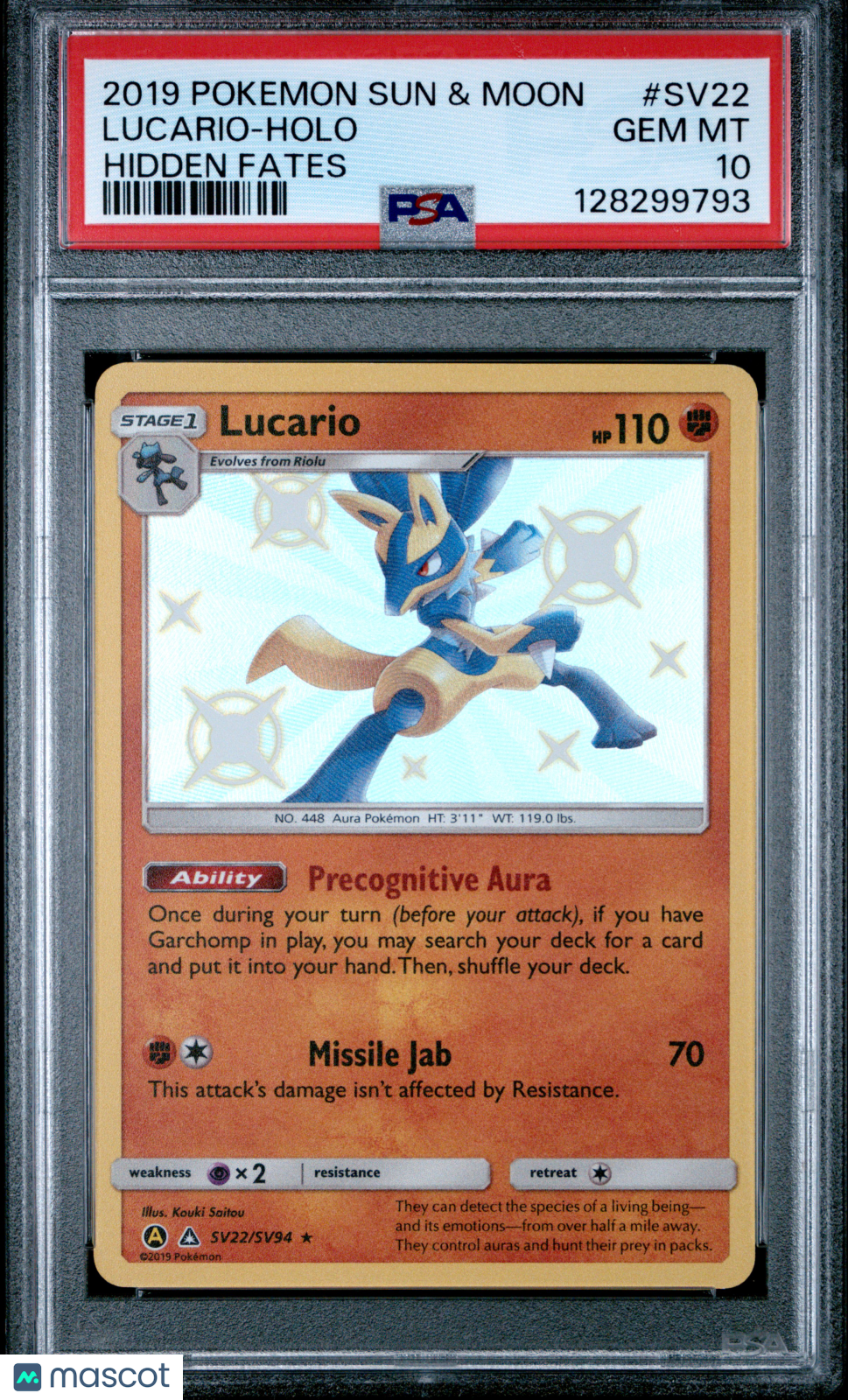 2019 Pokemon Sun & Moon Hidden Fates Lucario #SV22 Hidden Fates PSA 10