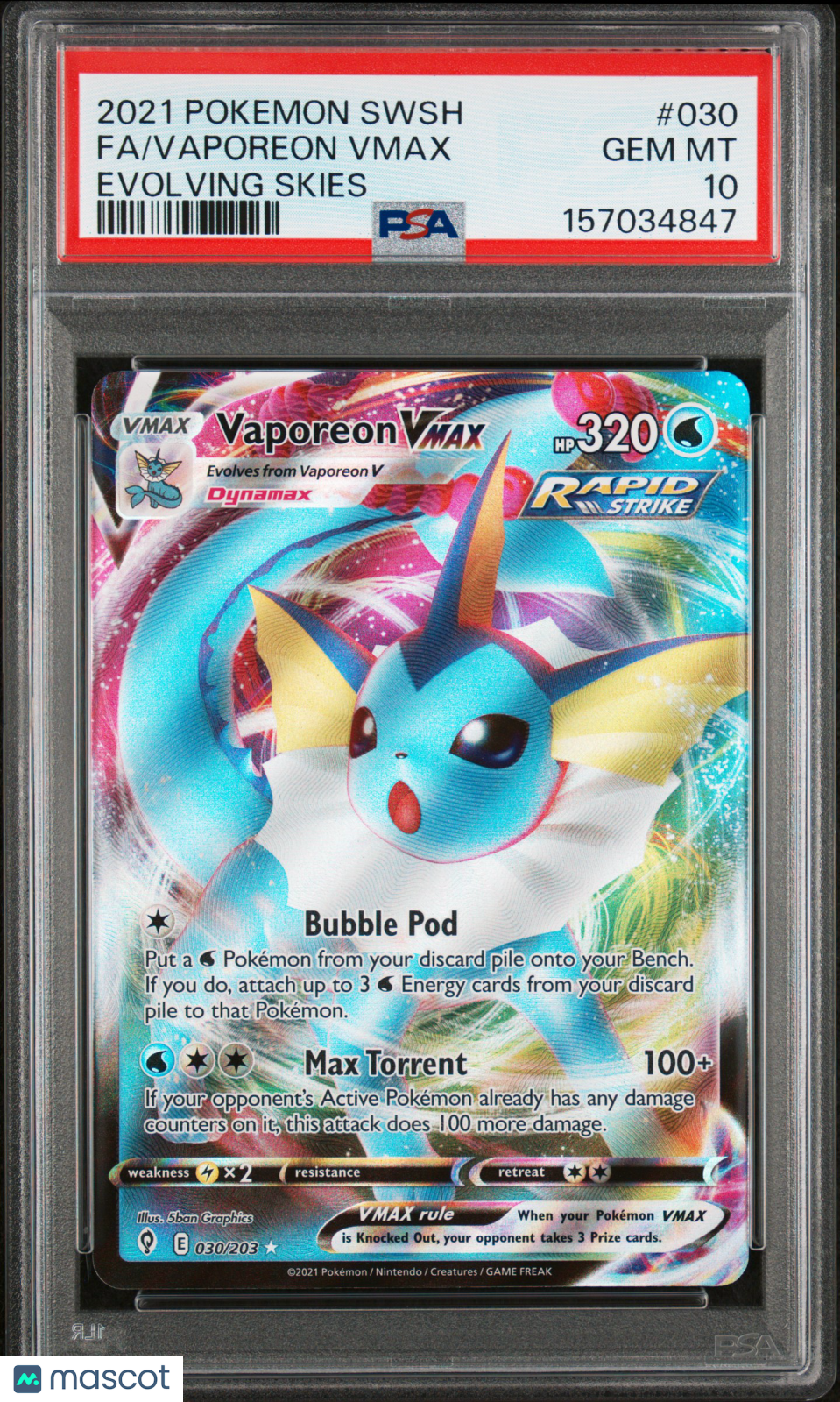2021 Pokemon Sword & Shield Evolving Skies Vaporeon VMAX #030 Evolving Skies Fa PSA 10