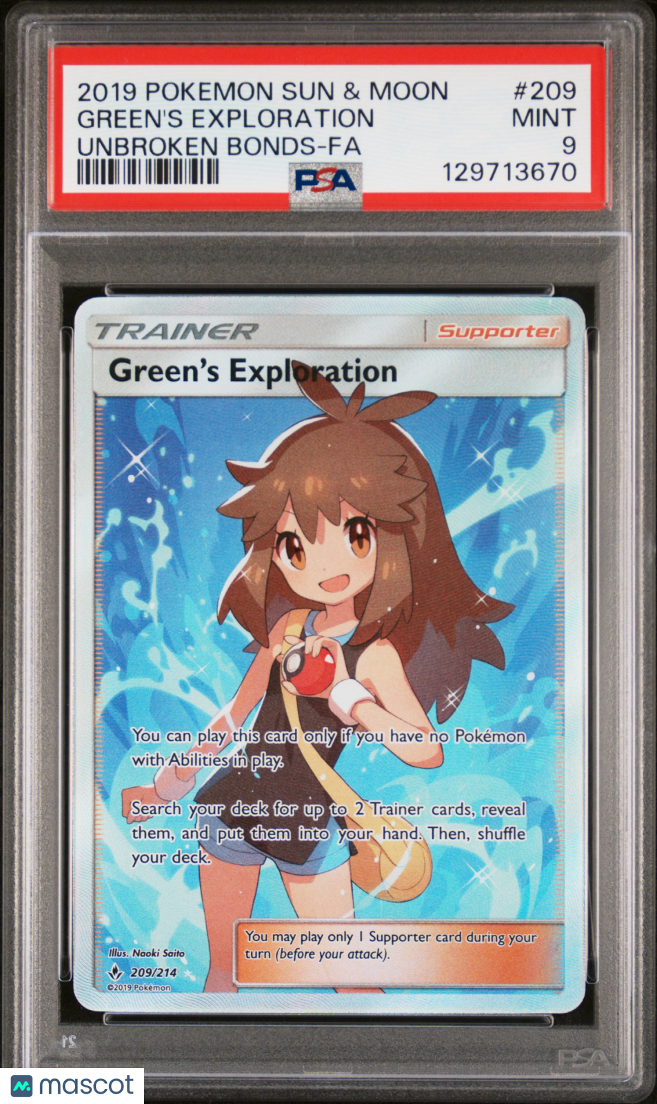 2019 Pokemon Sun & Moon Unbroken Bonds Green's Exploration #209 Unbroken Bonds-Fa PSA 9