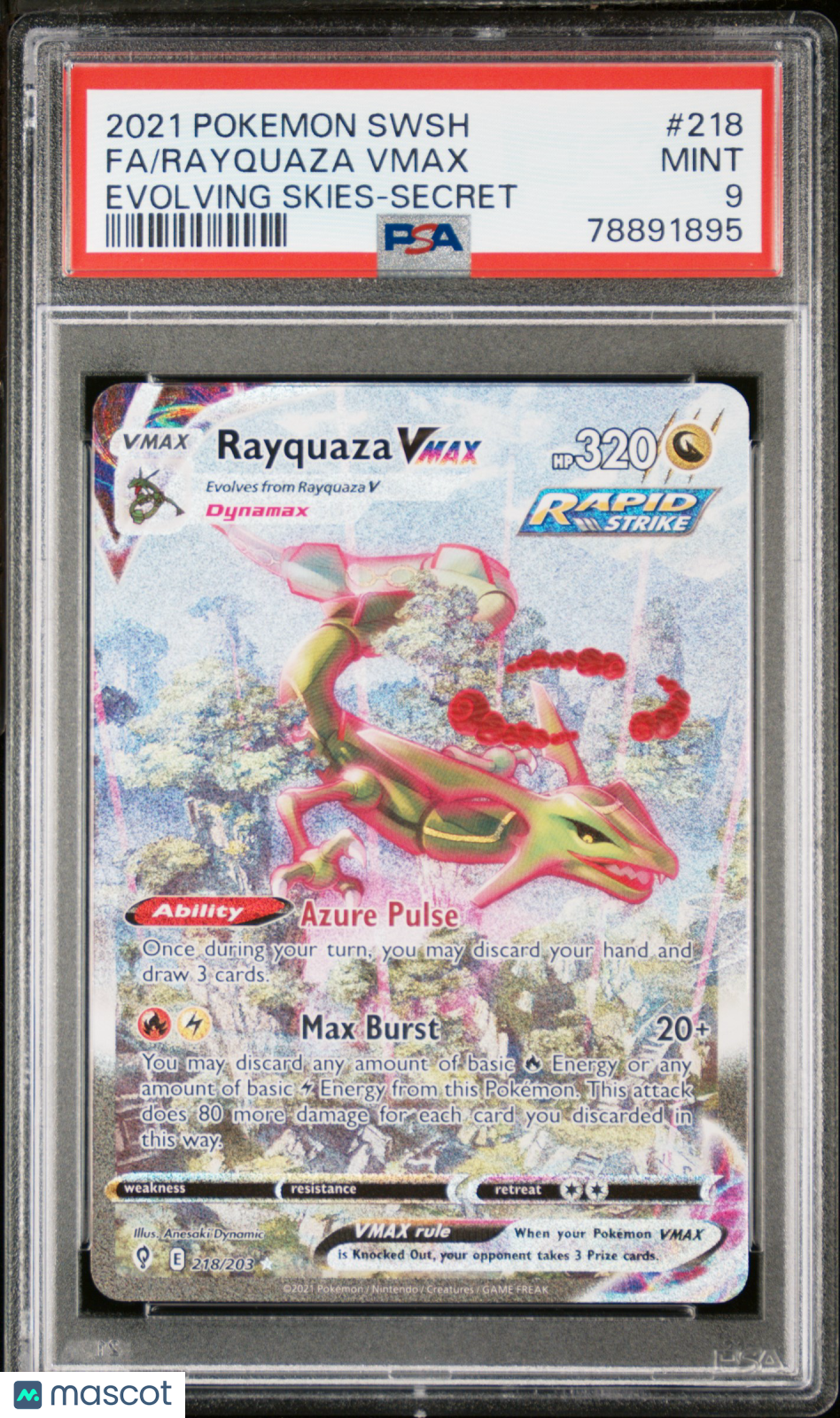 2021 Pokemon Sword & Shield Evolving Skies Rayquaza VMAX #218 Fa Evolving Skies-Secret PSA 9