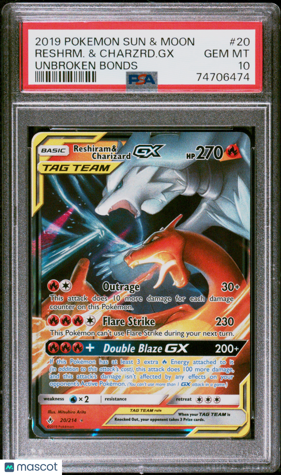 2019 Pokemon Sun & Moon Unbroken Bonds Reshrm. & Charzrd. GX #20 Unbroken Bonds PSA 10