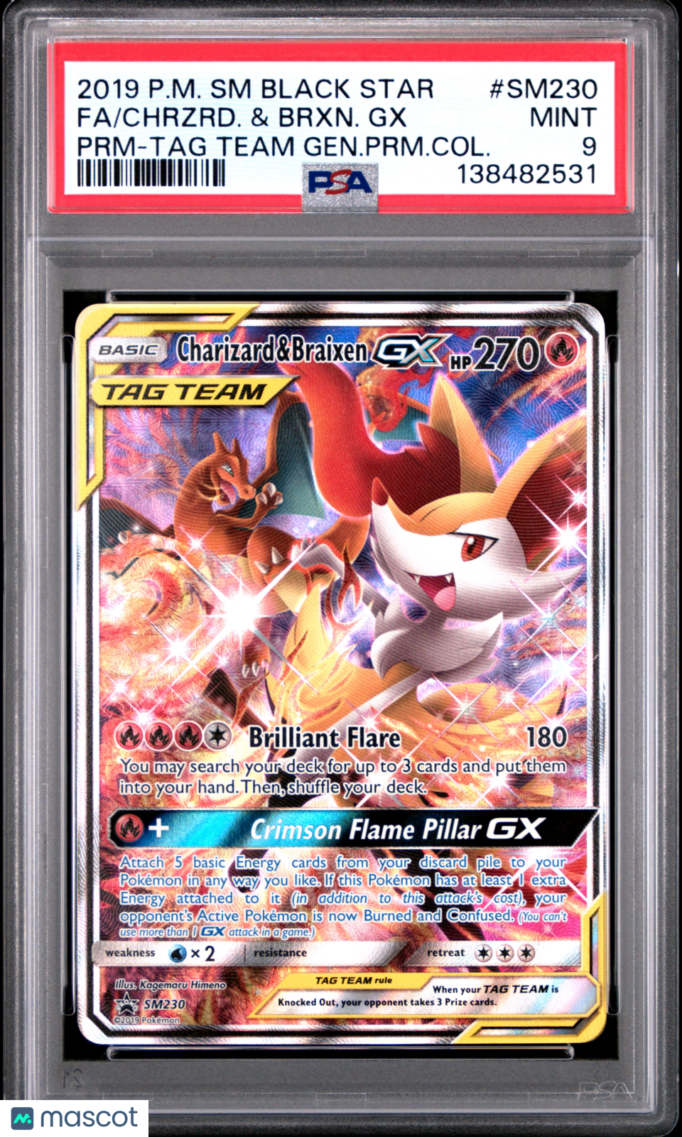 2019 Pokemon SM Black Star Promo Chrzrd. & Brxn. GX #SM230 Fa PRM-TAG Team Gen.PRM.Col. PSA 9