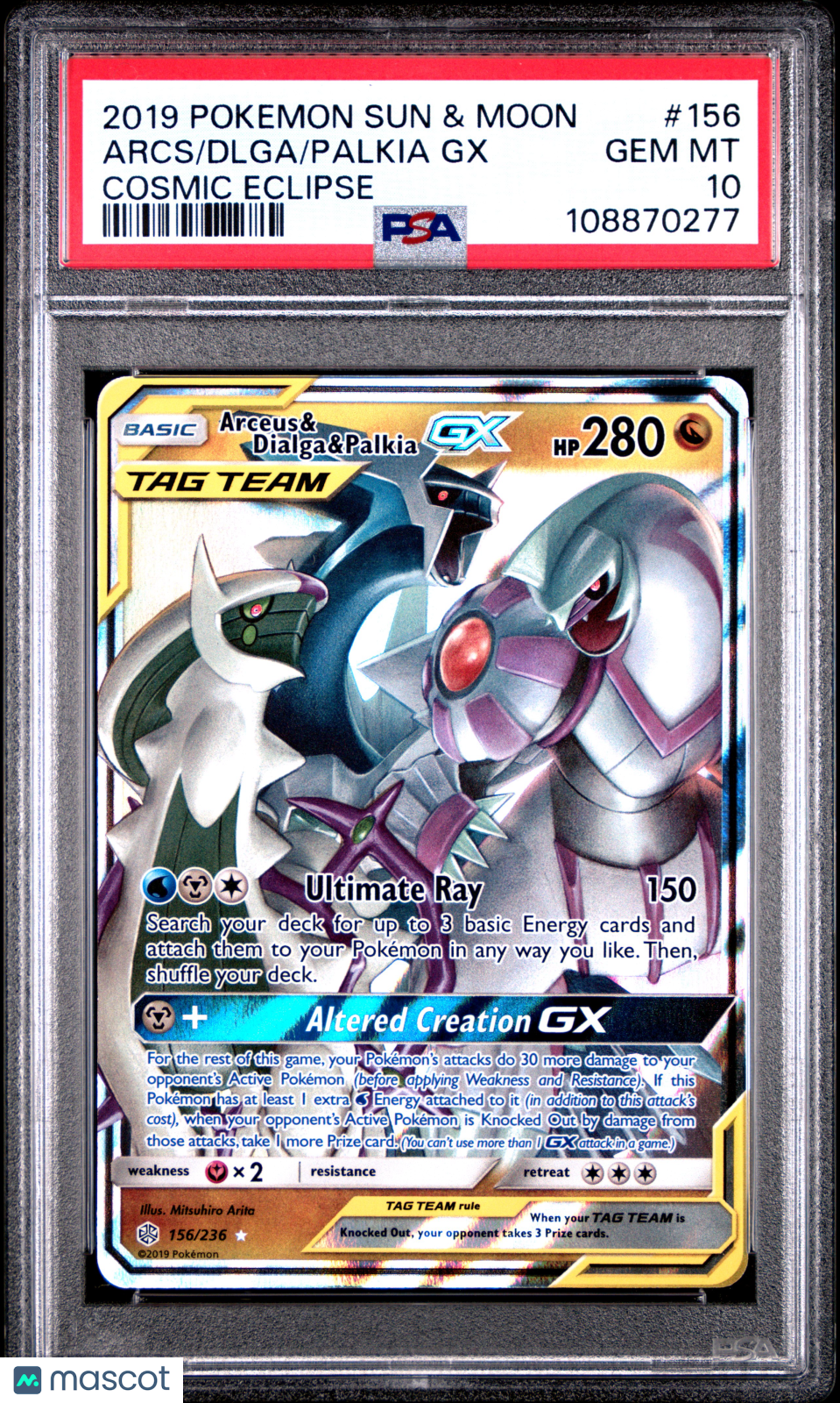 2019 Pokemon Sun & Moon Cosmic Eclipse Palkia GX Dlga Arcs #156 Cosmic Eclipse PSA 10