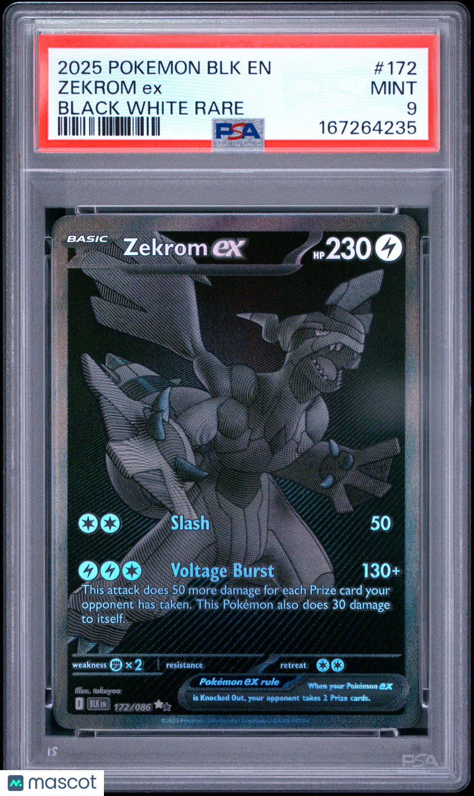 2025 Pokemon BLK EN-Black Bolt Zekrom EX #172 Black White Rare PSA 9