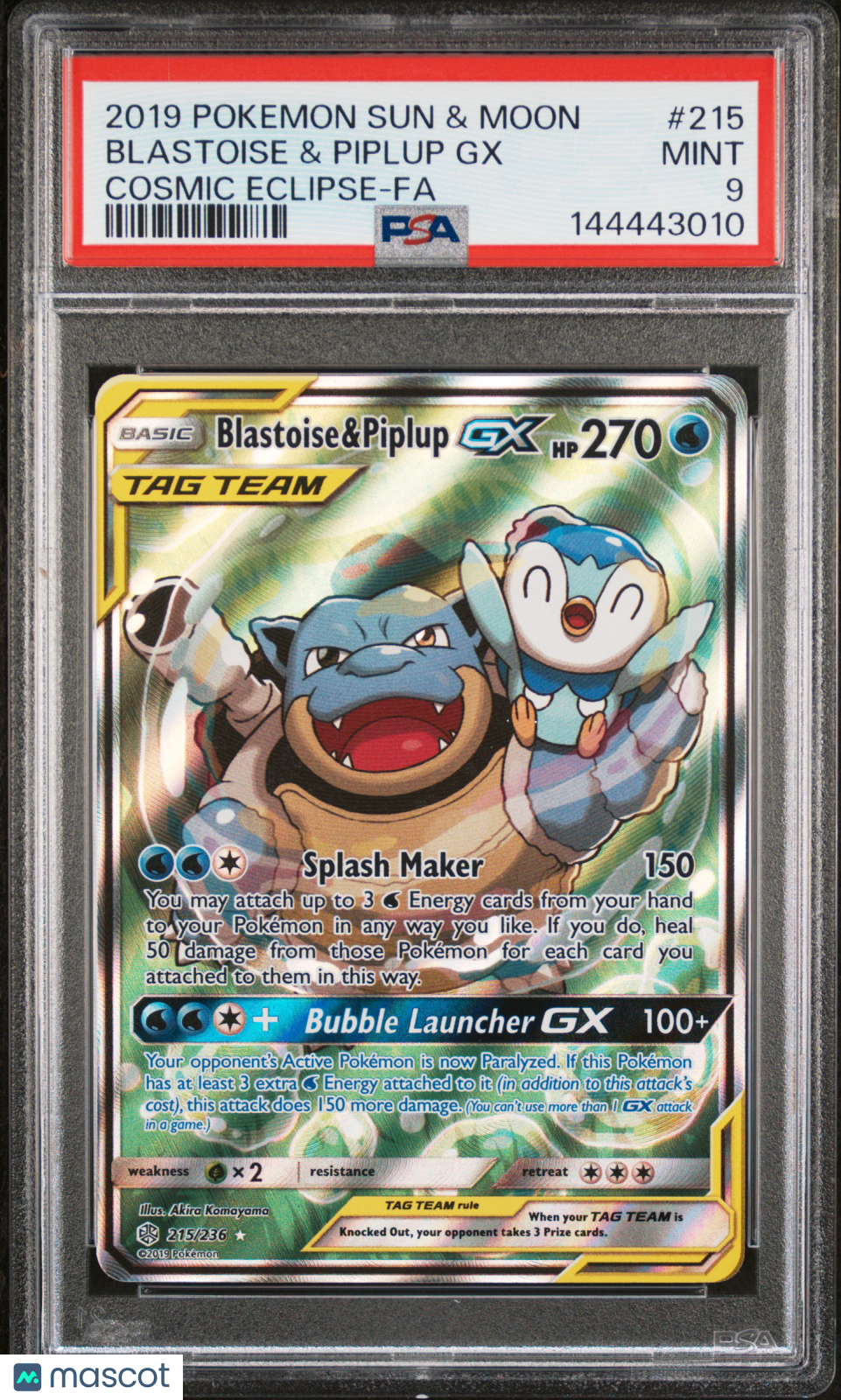 2019 Pokemon Sun & Moon Cosmic Eclipse Blastoise & Piplup GX #215 Cosmic Eclipse-Fa PSA 9