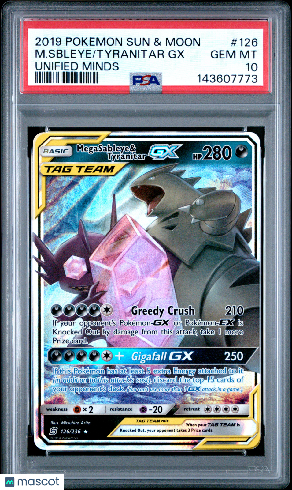 2019 Pokemon Sun & Moon Unified Minds Tyranitar GX M. Sbleye #126 Unified Minds PSA 10