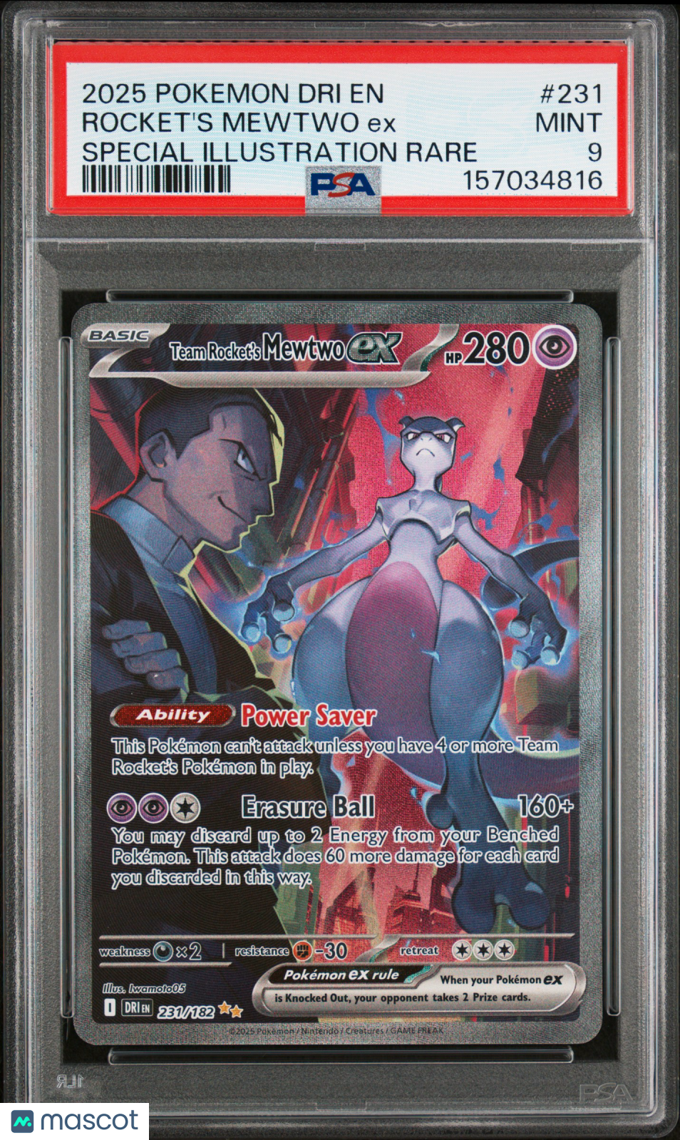 2025 Pokemon Dri EN-Destined Rivals Rocket's Mewtwo EX #231 Special Illustration Rare PSA 9