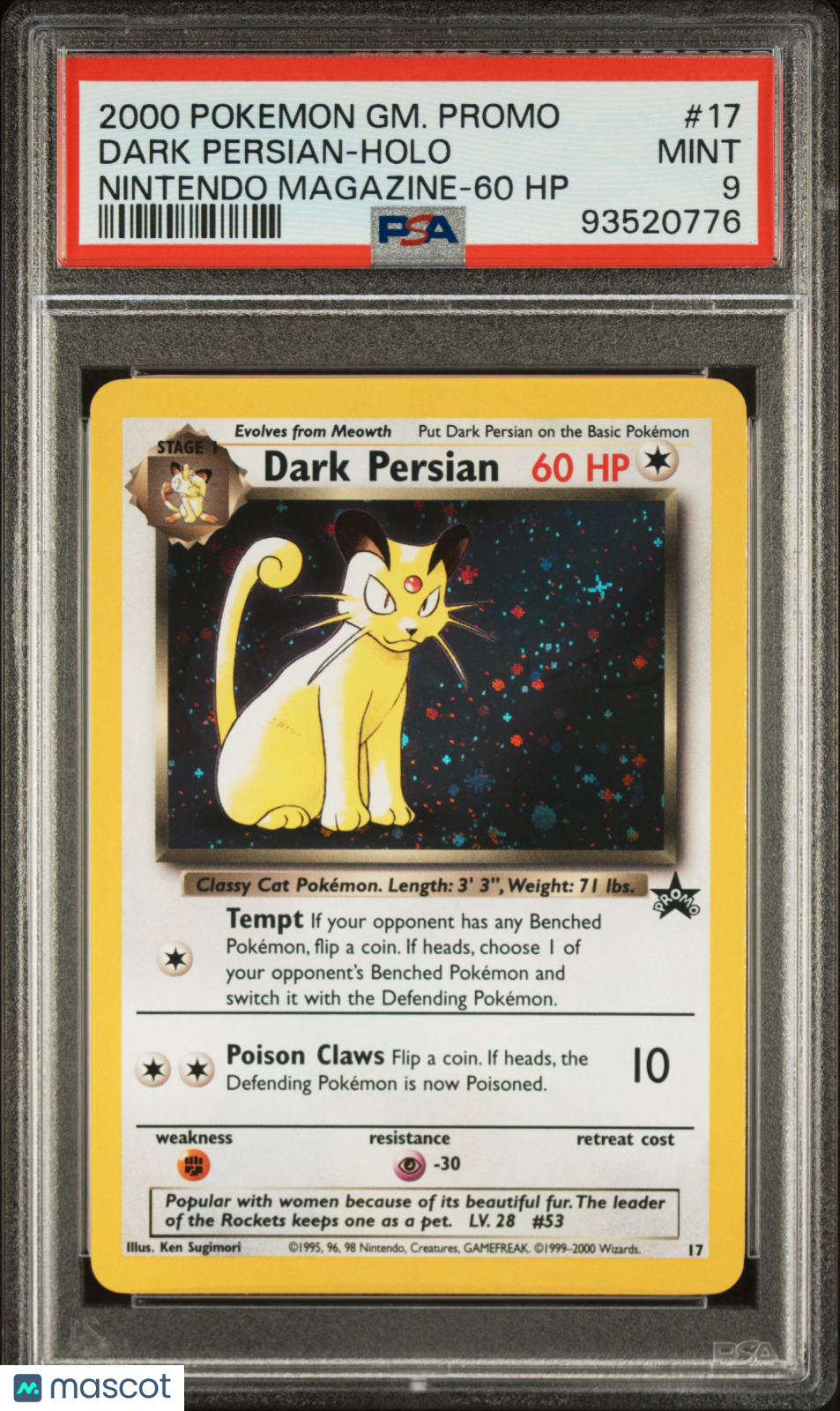 2000 Pokemon Game Promo Dark Persian #17 Nintendo Magazine-60 HP PSA 9