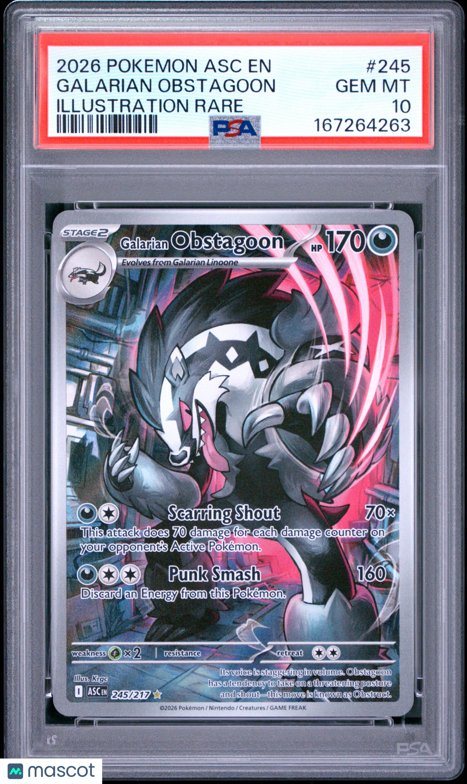 2026 Pokemon Asc EN-Ascended Heroes Galarian Obstagoon #245 Illustration Rare PSA 10