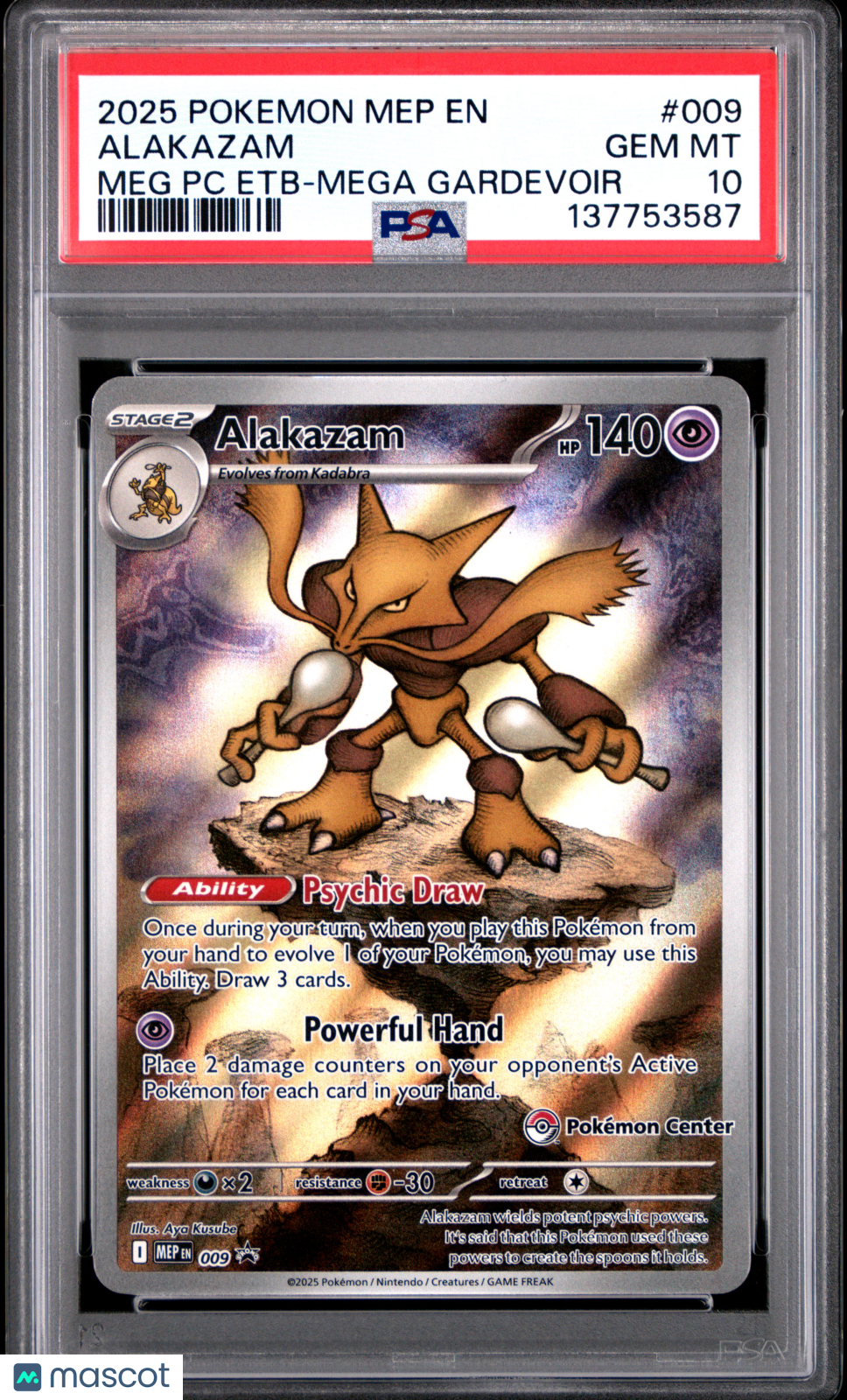 2025 Pokemon Mep EN-Me Black Star Promo Alakazam #009 Meg PC Etb-Mega Gardevoir PSA 10