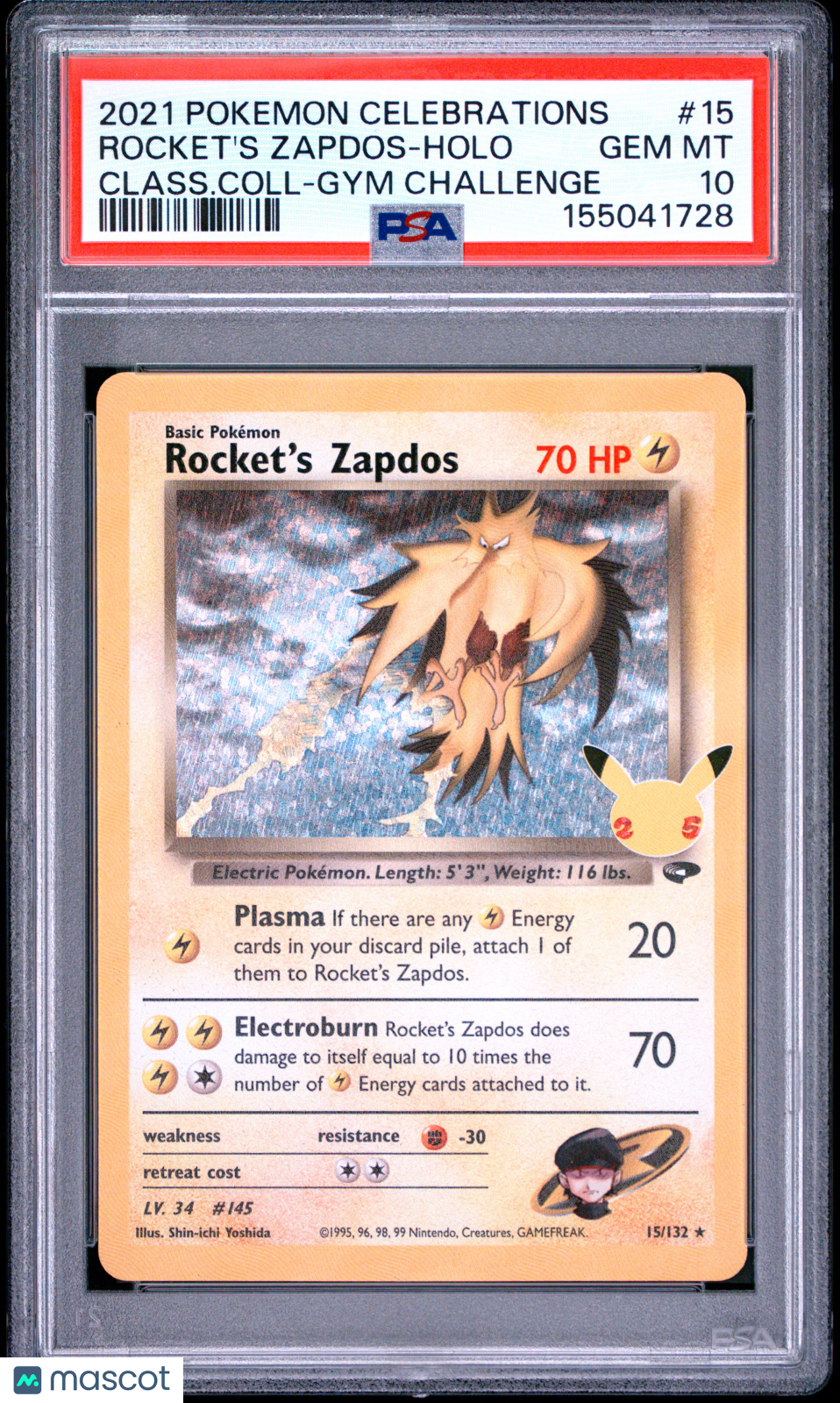 2021 Pokemon Celebrations Classic Collection Rocket's Zapdos #15 Class.Coll-Gym Challenge PSA 10