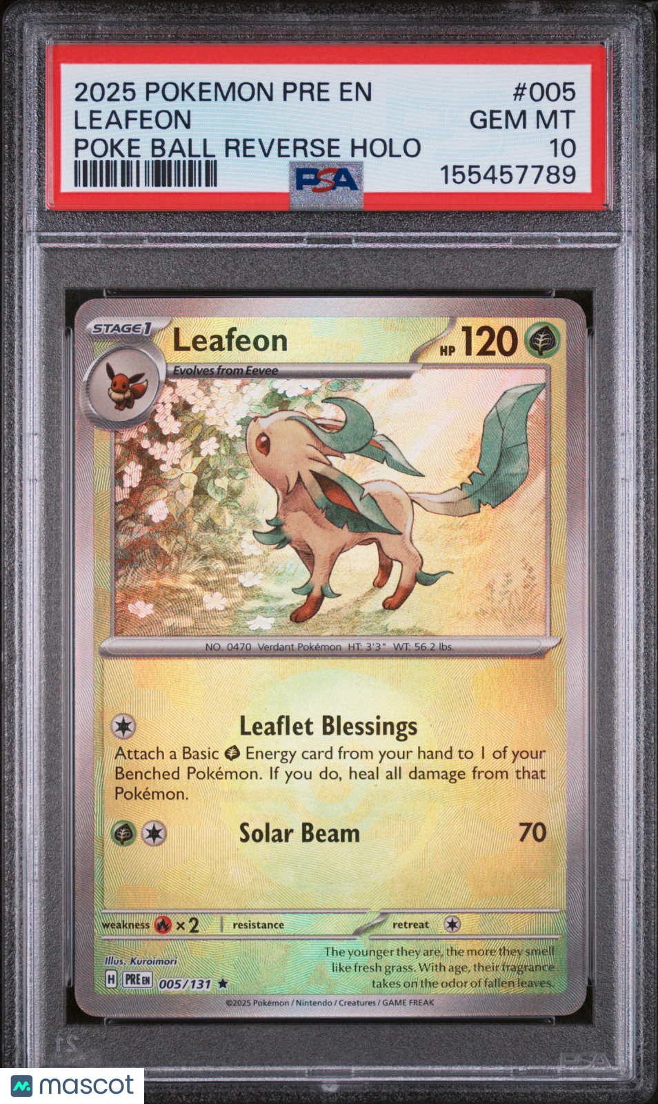 2025 Pokemon Pre EN-Prismatic Evolutions Leafeon #005 Poke Ball Reverse Holo PSA 10