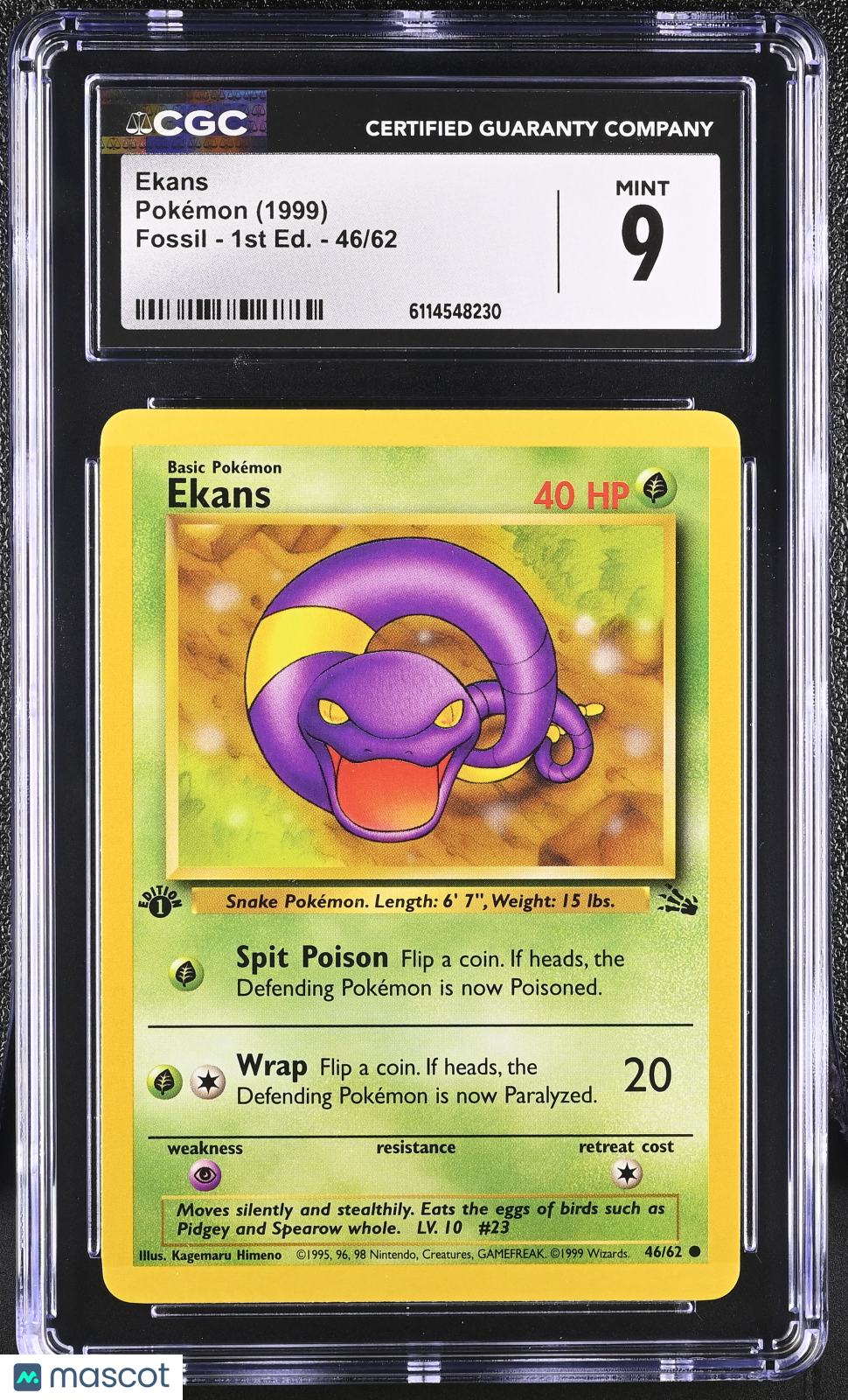 1999 Pokemon Ekans #46/62 46/62 1st Edition CGC 9